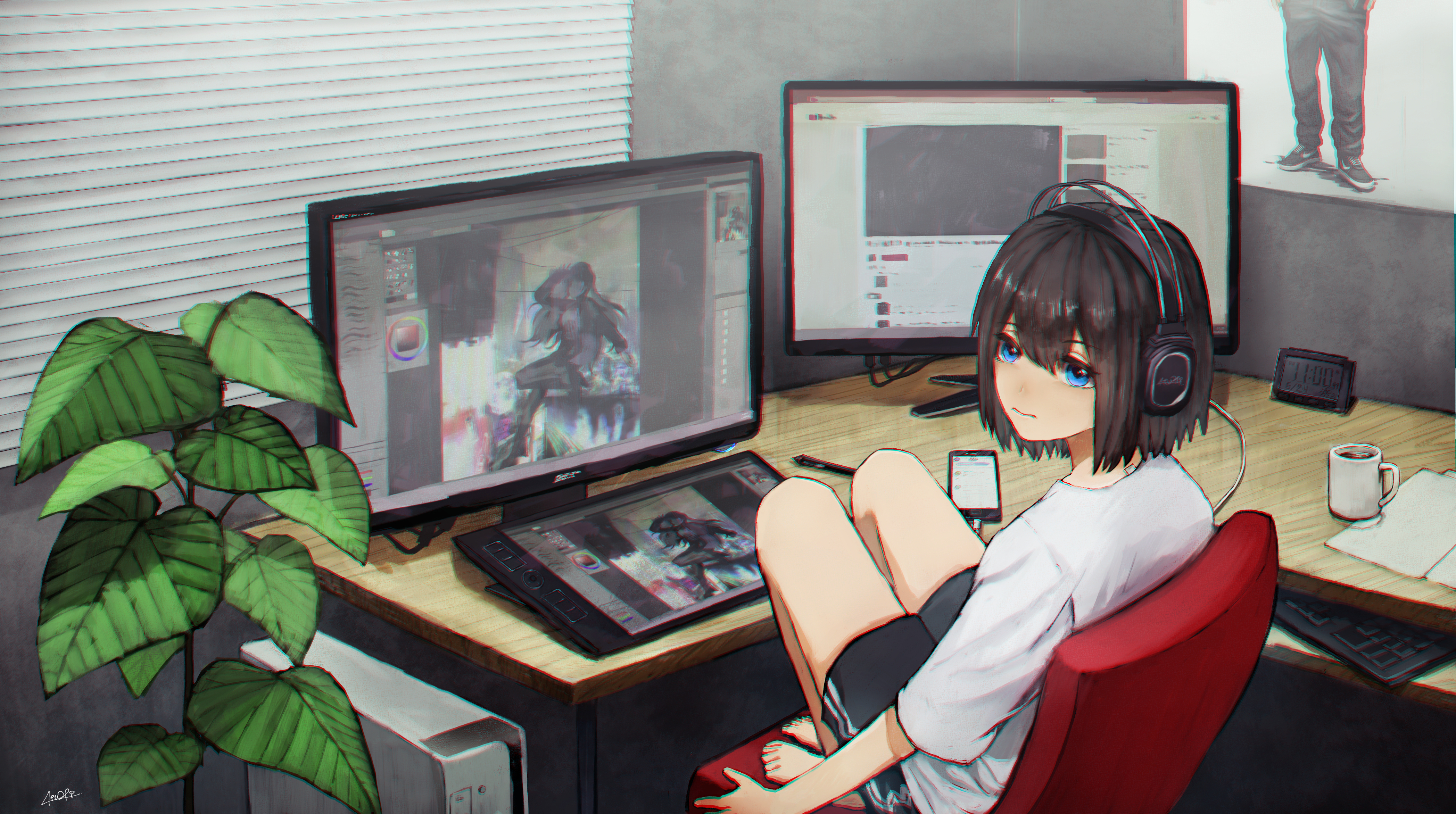 Laden Sie das Kopfhörer, Zimmer, Computer, Blaue Augen, Original, Animes, Schwarzes Haar, Kurzes Haar-Bild kostenlos auf Ihren PC-Desktop herunter