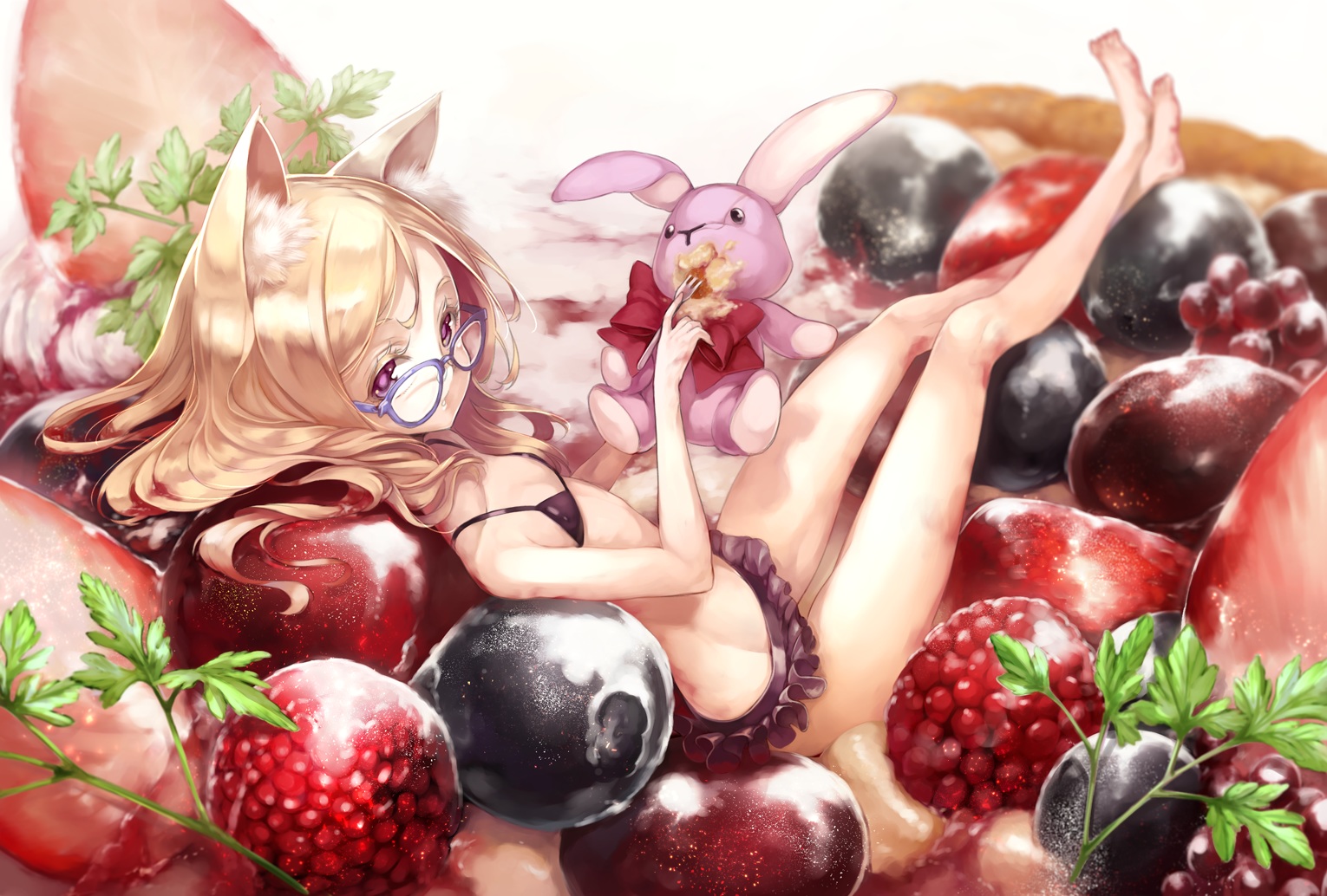 anime, original, animal ears, bikini, blackberry, blonde, fruit, long hair, raspberry, strawberry, teddy bear