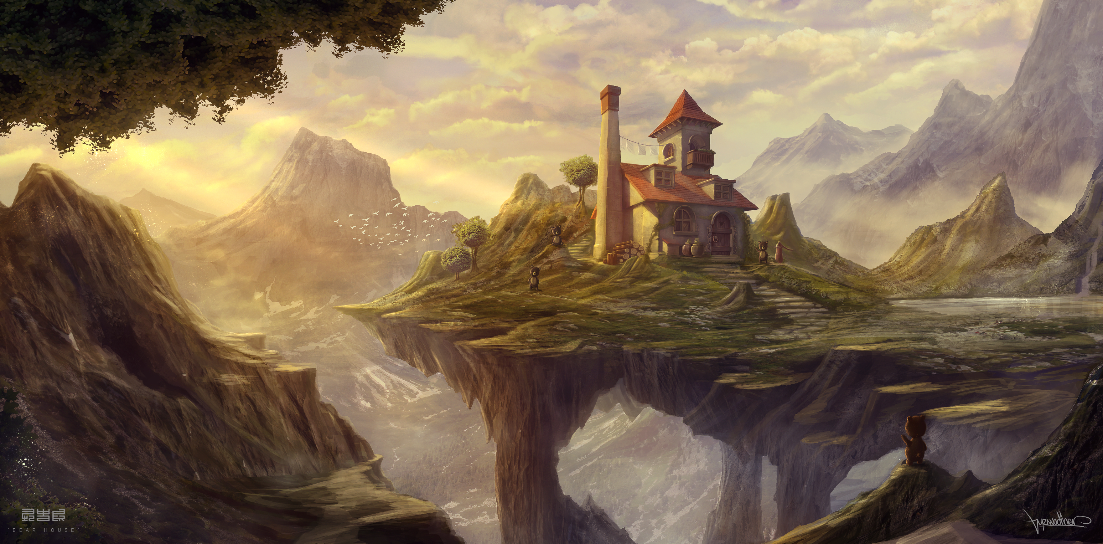 Download mobile wallpaper Landscape, Fantasy, Mountain, Bear, House, Scenery for free.