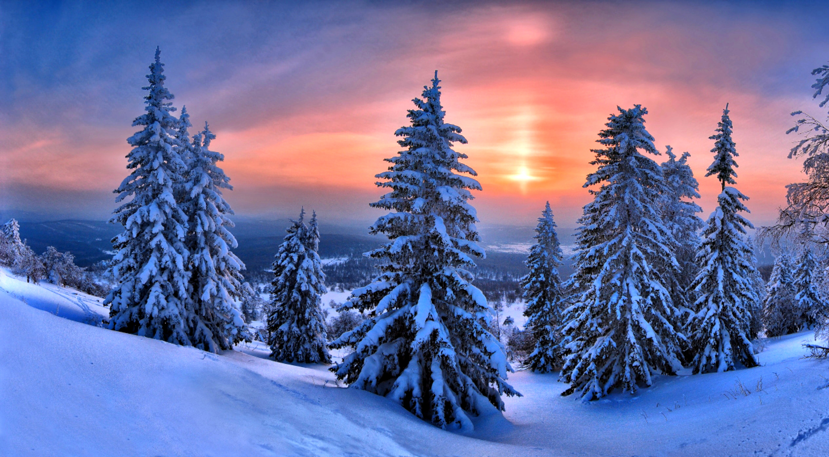 Download mobile wallpaper Landscape, Winter, Sunset, Snow, Forest, Tree, Earth for free.