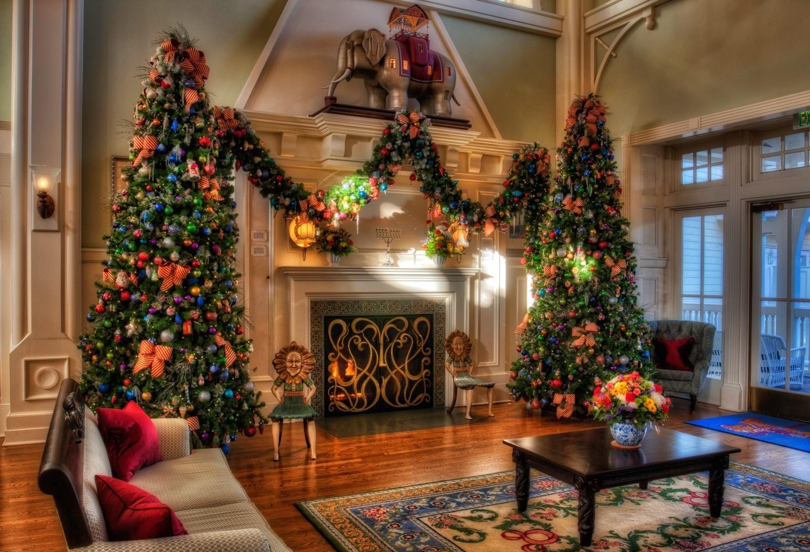 holidays, coziness, decorations, interior, holiday, house, comfort, fireplace, christmas trees Full HD