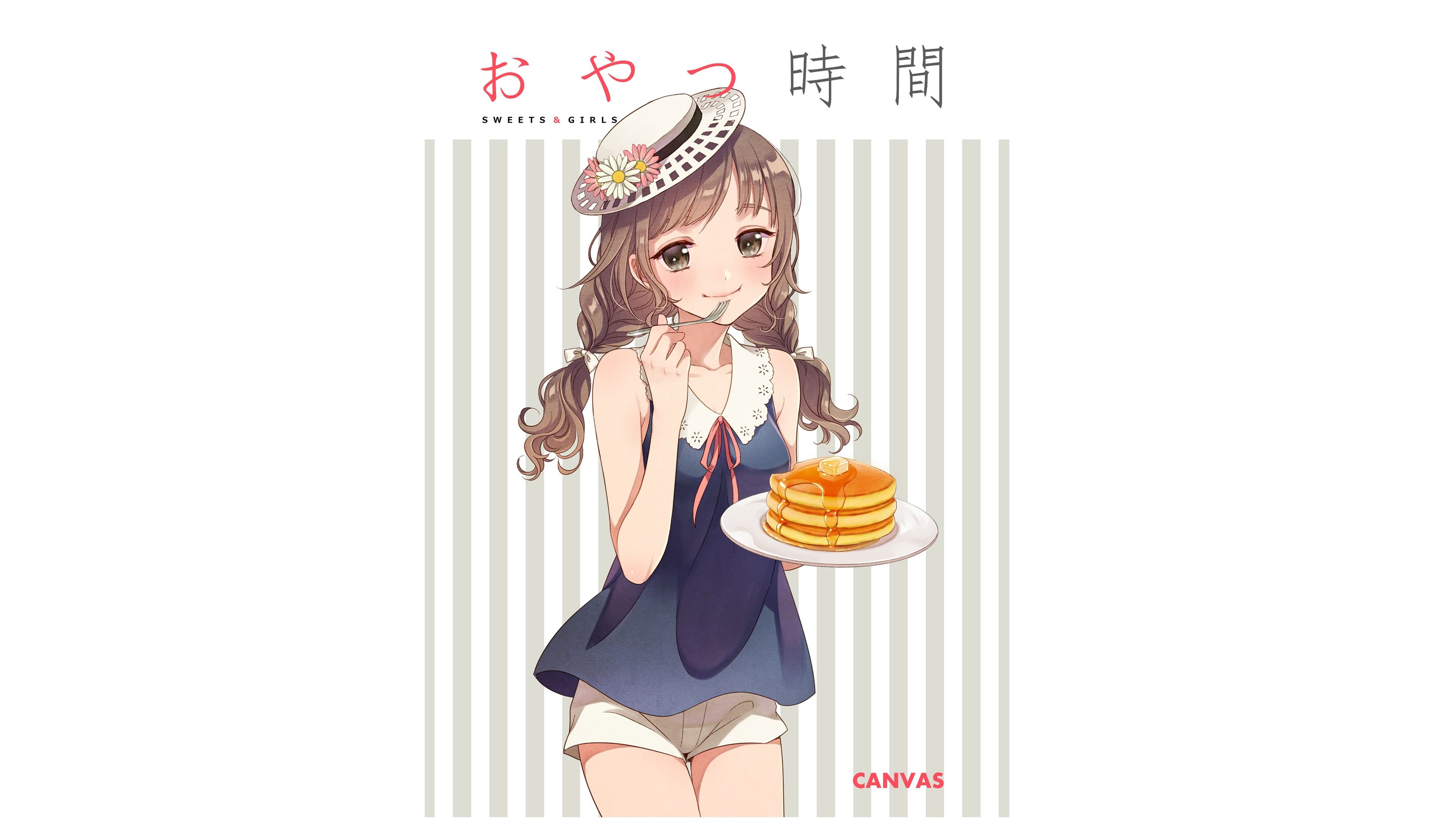 Free download wallpaper Anime, Smile, Pancake, Shorts, Original, Brown Eyes, Long Hair, Brown Hair on your PC desktop