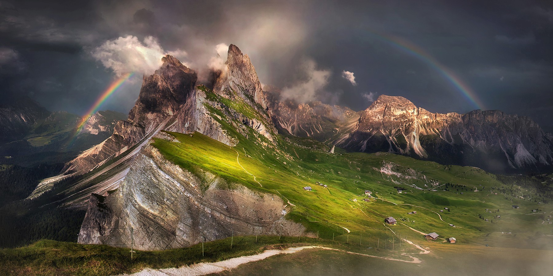 Download mobile wallpaper Rainbow, Mountain, Peak, Fog, House, Earth, Cloud for free.