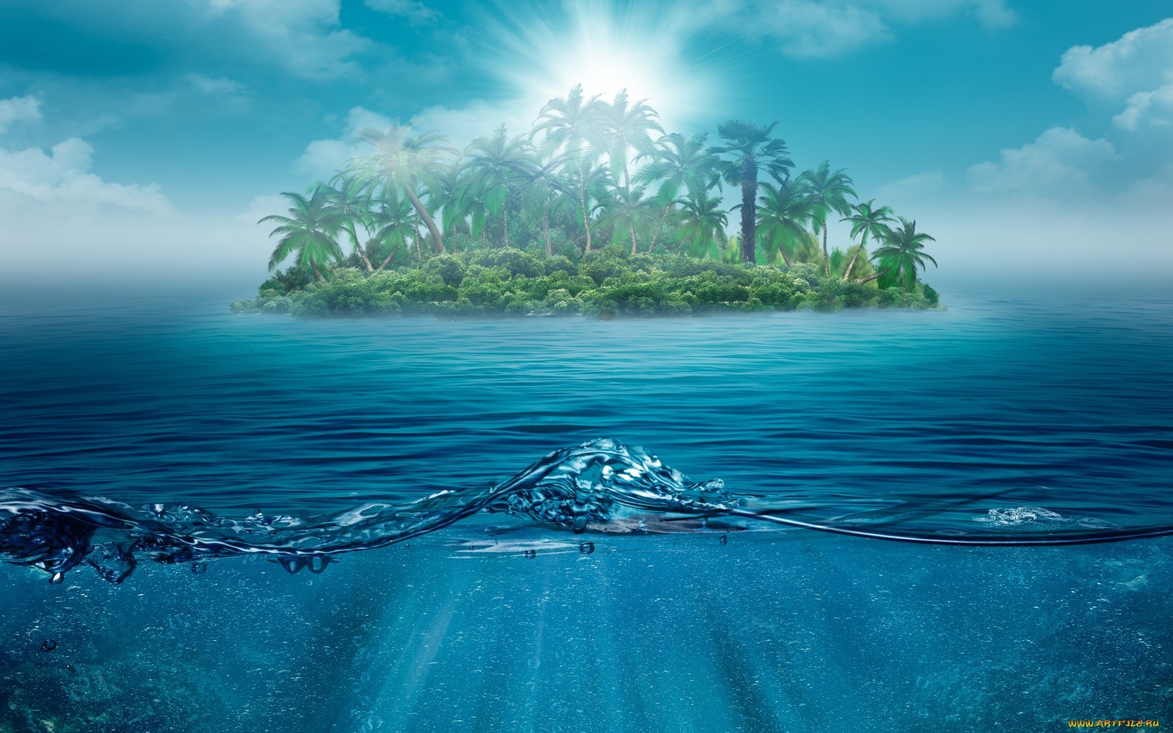 Free download wallpaper Landscape, Water, Sea, Sun, Waves, Palms on your PC desktop