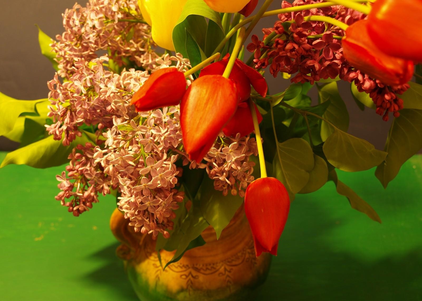 Laden Sie das Lilac, Strauß, Vase, Bouquet, Blumen, Tulpen, Frühling-Bild kostenlos auf Ihren PC-Desktop herunter