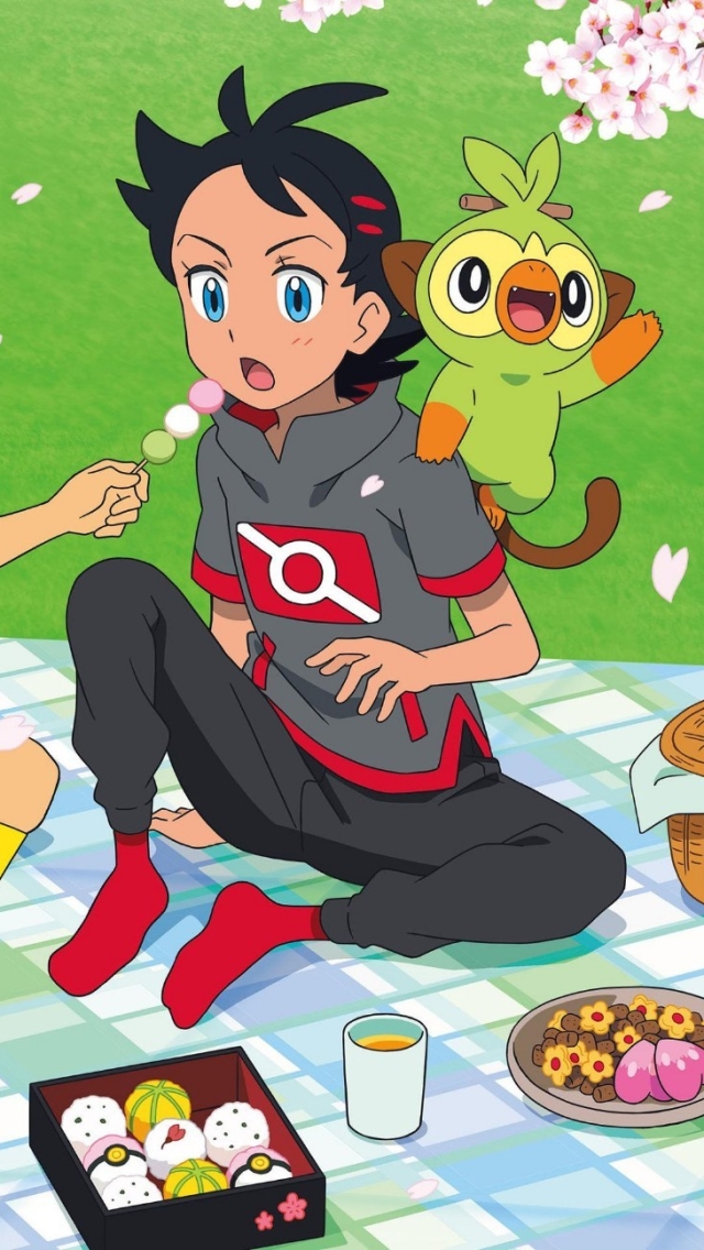 Download mobile wallpaper Anime, Food, Pokémon, Picnic, Socks, Blue Eyes, Black Hair, Two Toned Hair, Grookey (Pokémon), Goh (Pokémon) for free.