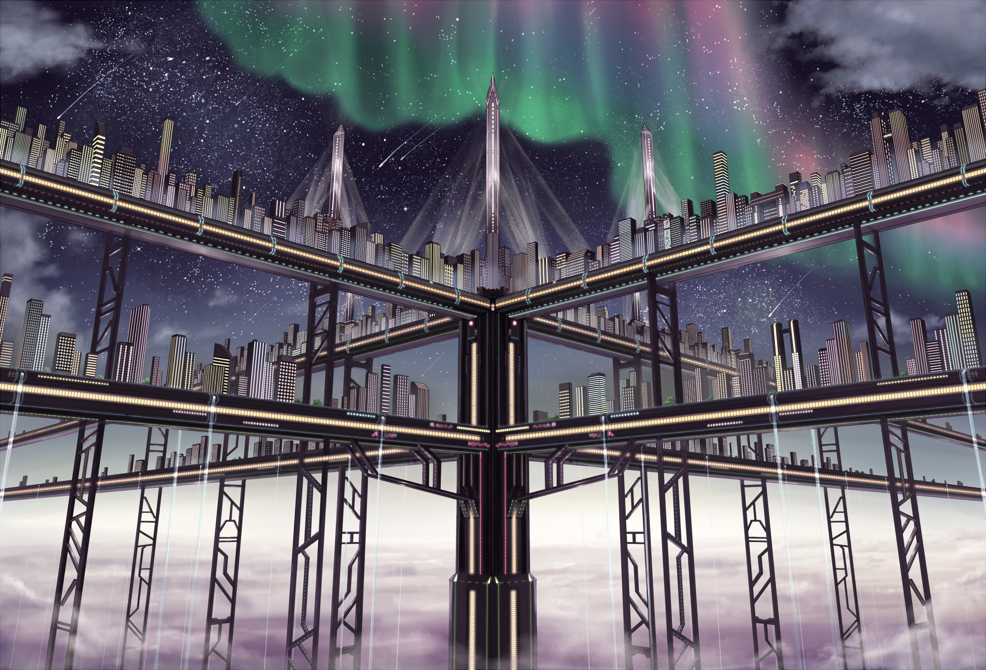 Download mobile wallpaper Anime, City, Starry Sky, Bridge, Aurora Borealis, Original, Shooting Star, Futuristic for free.
