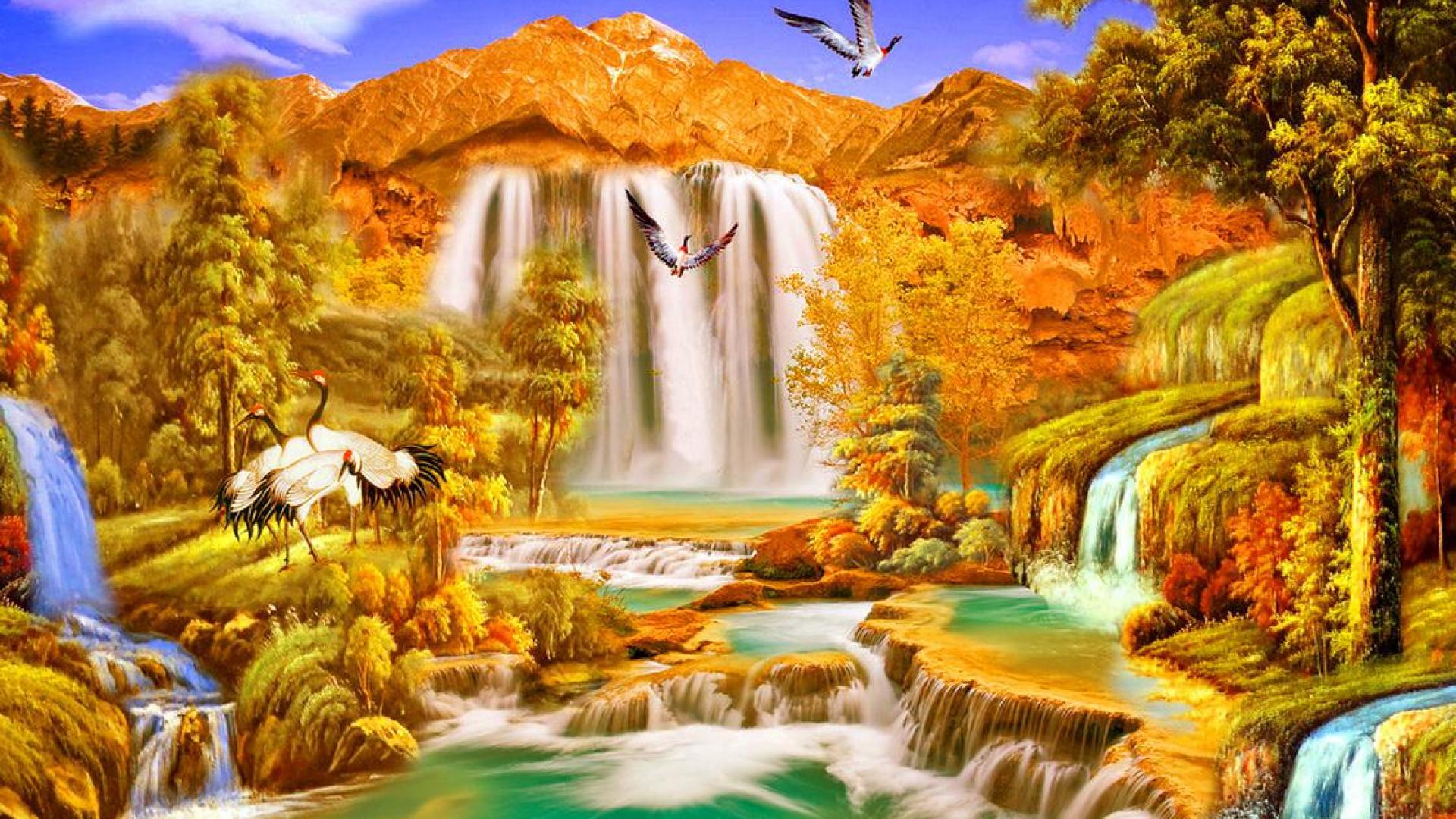 Free download wallpaper Mountain, Bird, Waterfall, Tree, Fall, Painting, Artistic on your PC desktop