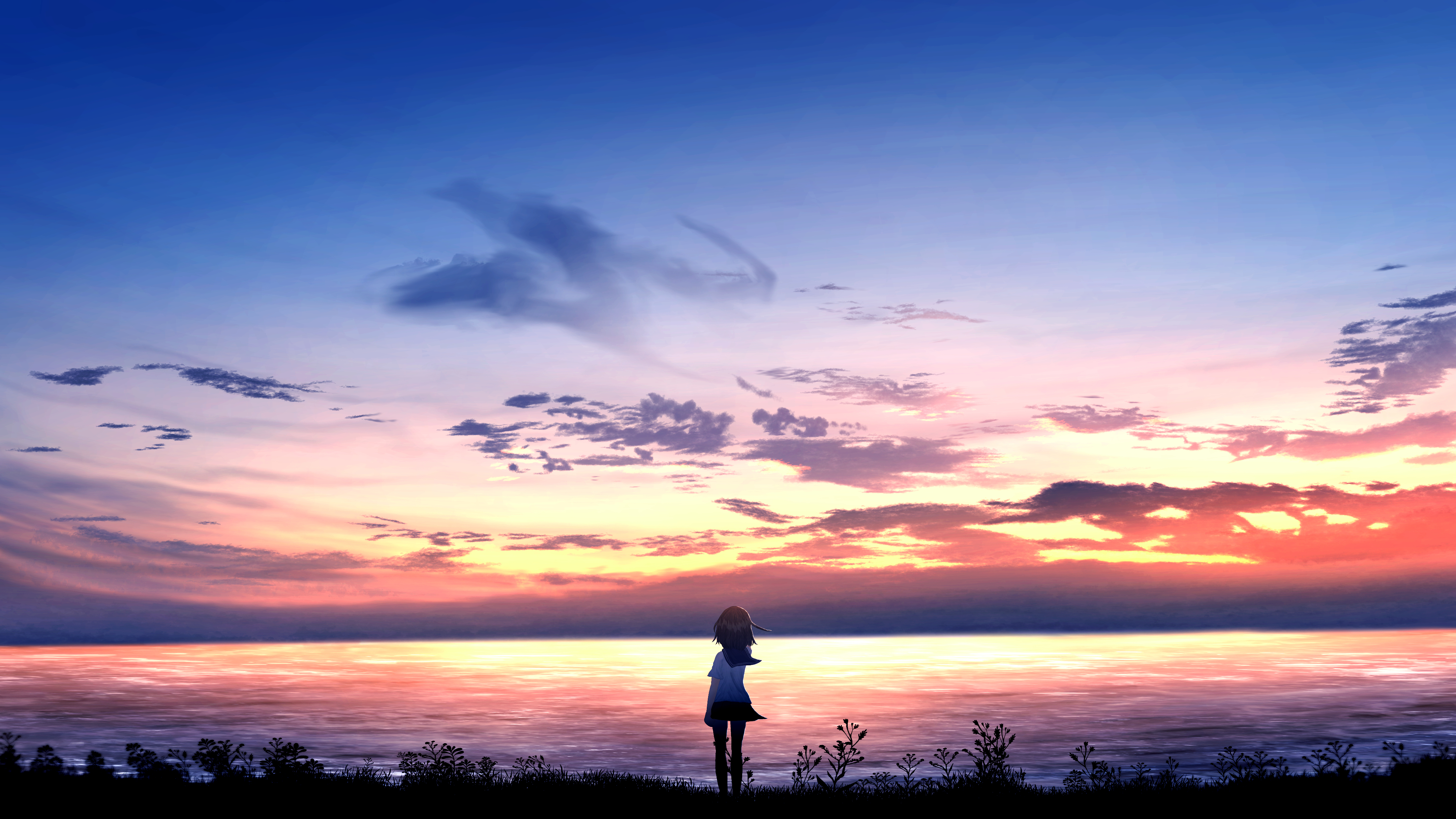 103501 завантажити картинку дівчина, арт, море, небокрай, горизонт, самотність - шпалери і заставки безкоштовно