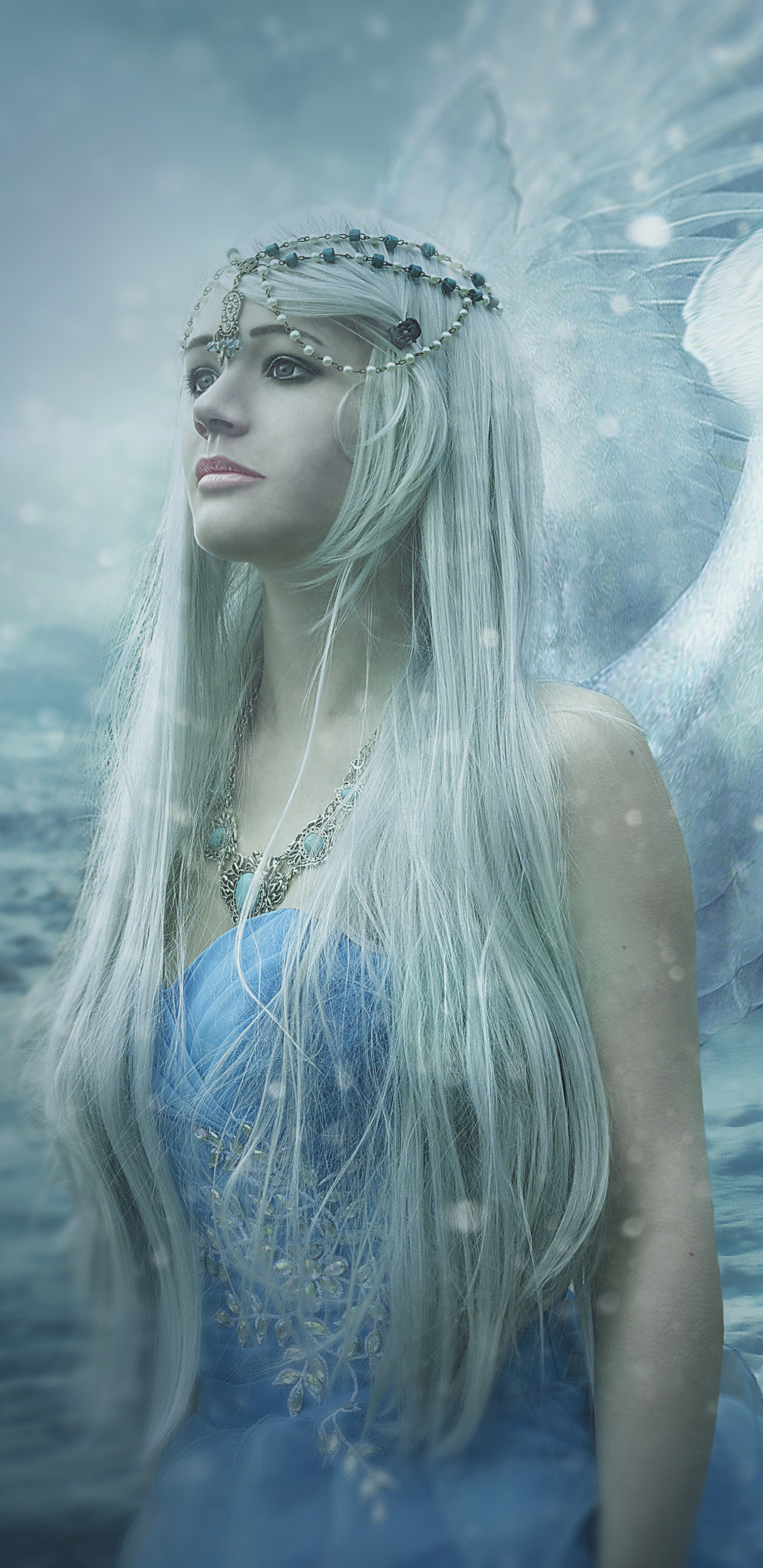 Download mobile wallpaper Fantasy, Snow, Angel, Long Hair, White Hair for free.