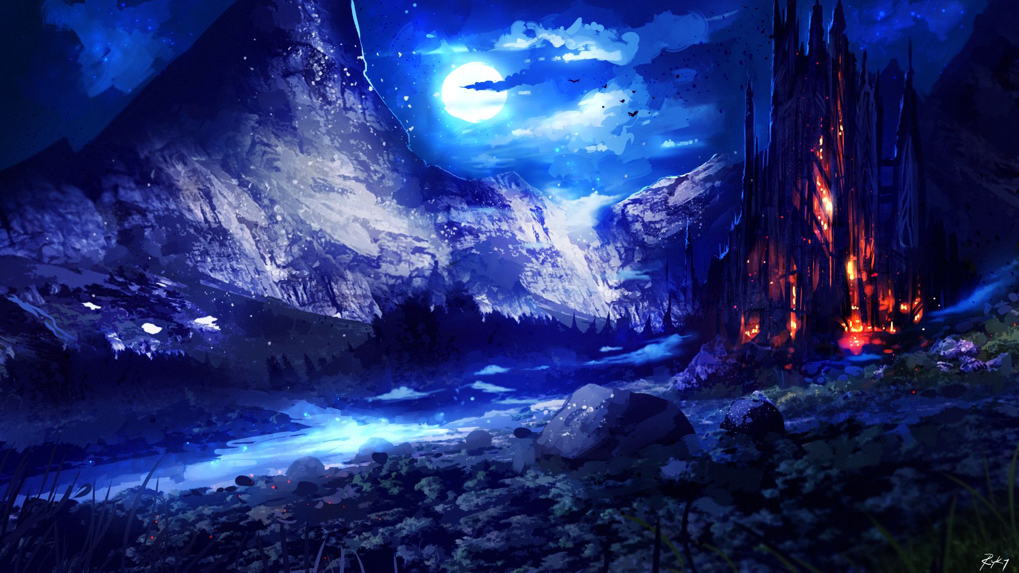 Download mobile wallpaper Landscape, Fantasy, Night, Moon, Building, Mountain for free.