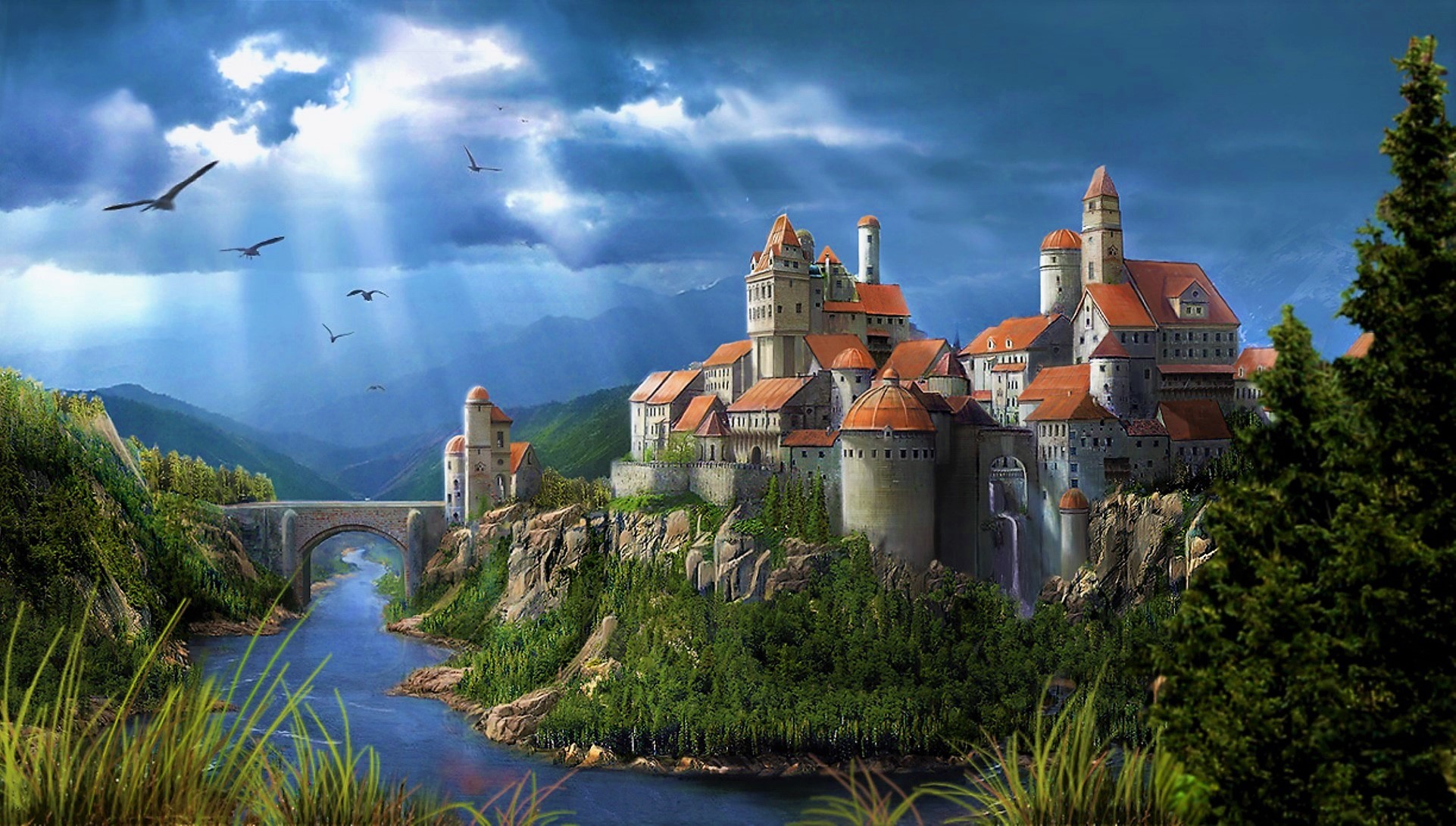 Free download wallpaper Landscape, Fantasy, Castles, Bridge, River, Castle on your PC desktop