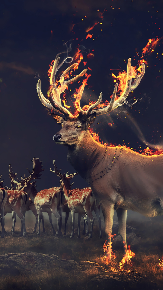 Download mobile wallpaper Fantasy, Flame, Deer, Antler, Fantasy Animals for free.