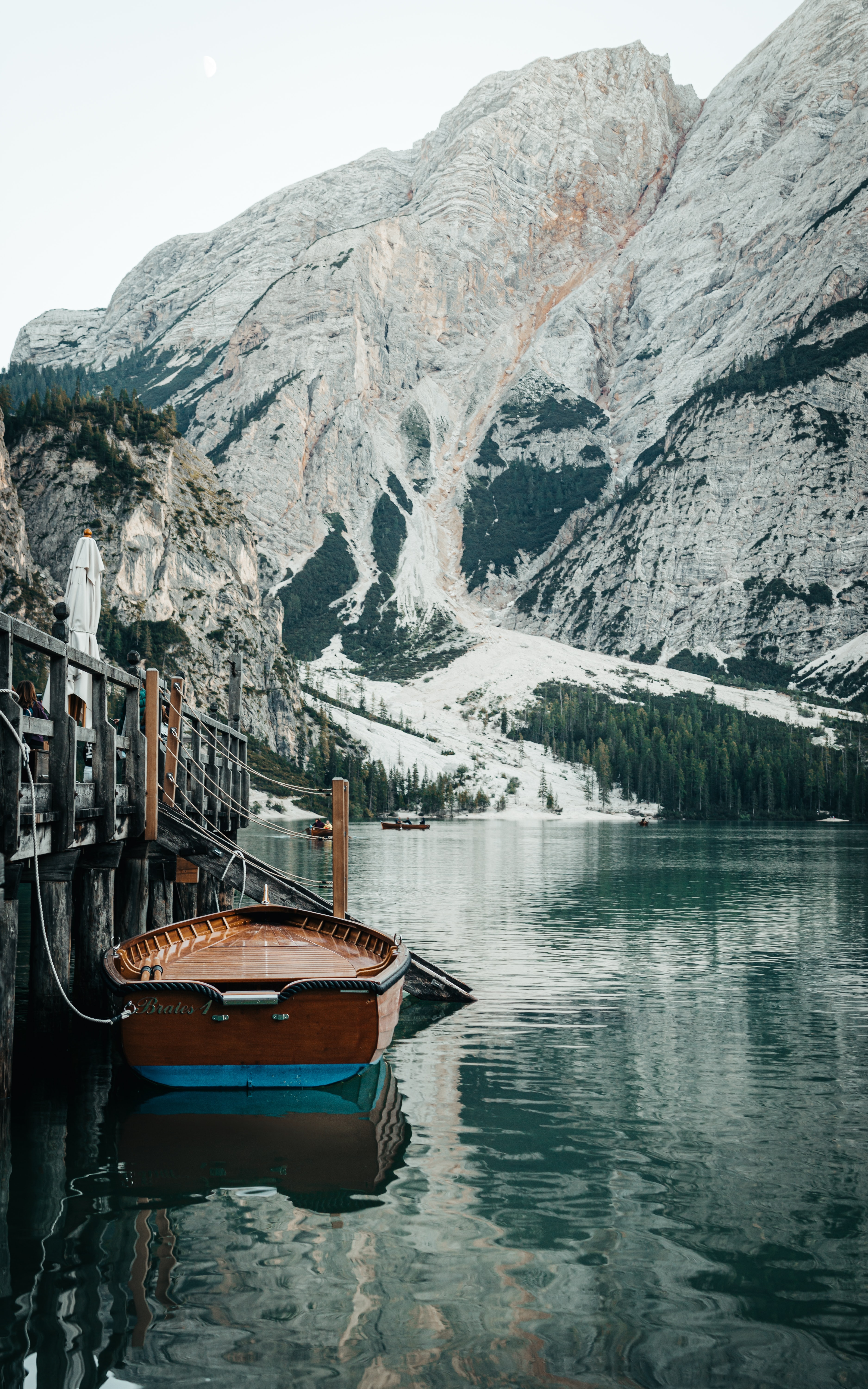 Download mobile wallpaper Pier, Nature, Lake, Mountain, Water, Boat for free.