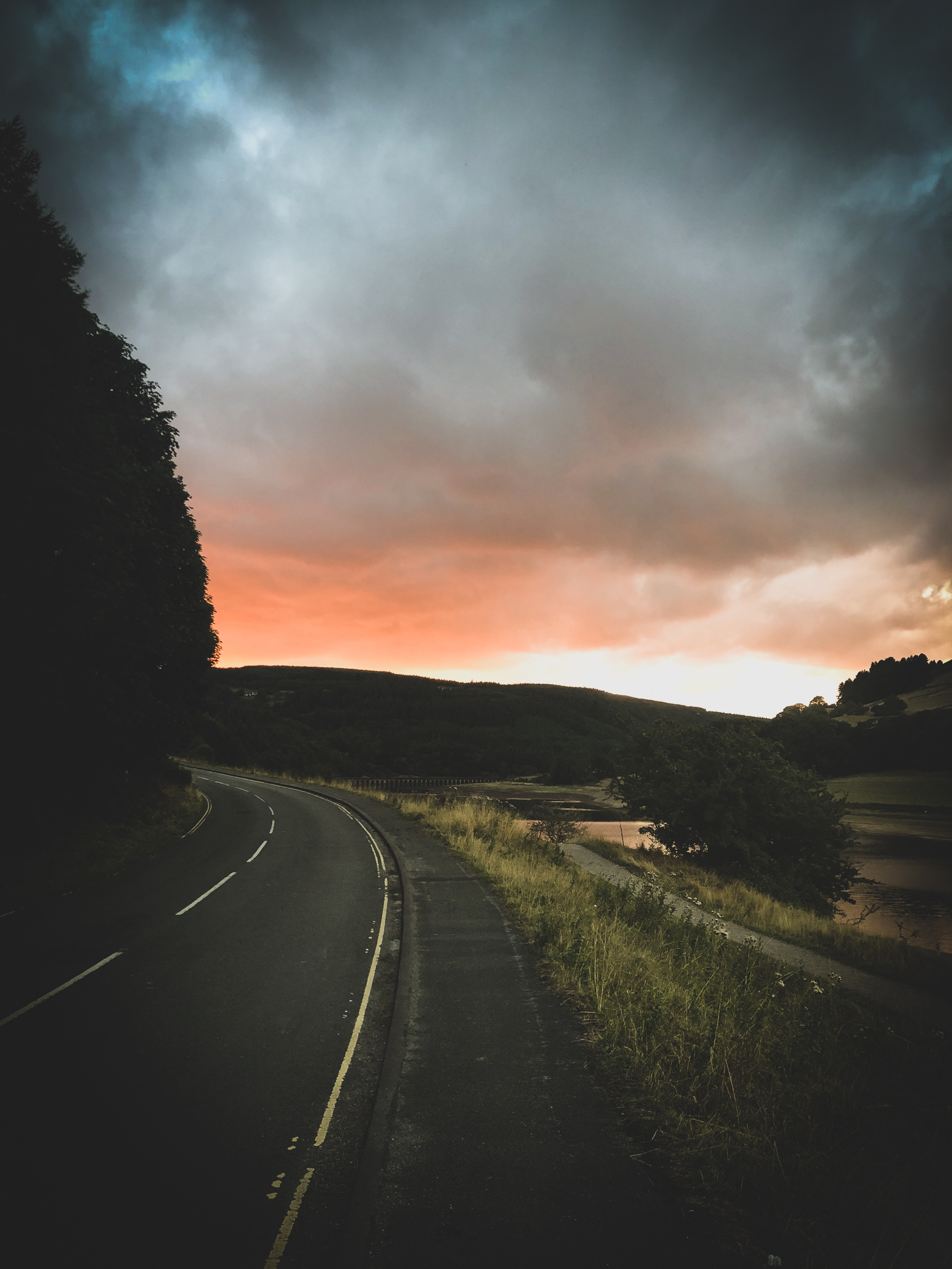 Free download wallpaper Nature, Sunset, Sky, Clouds, Road, Trees, Turn on your PC desktop