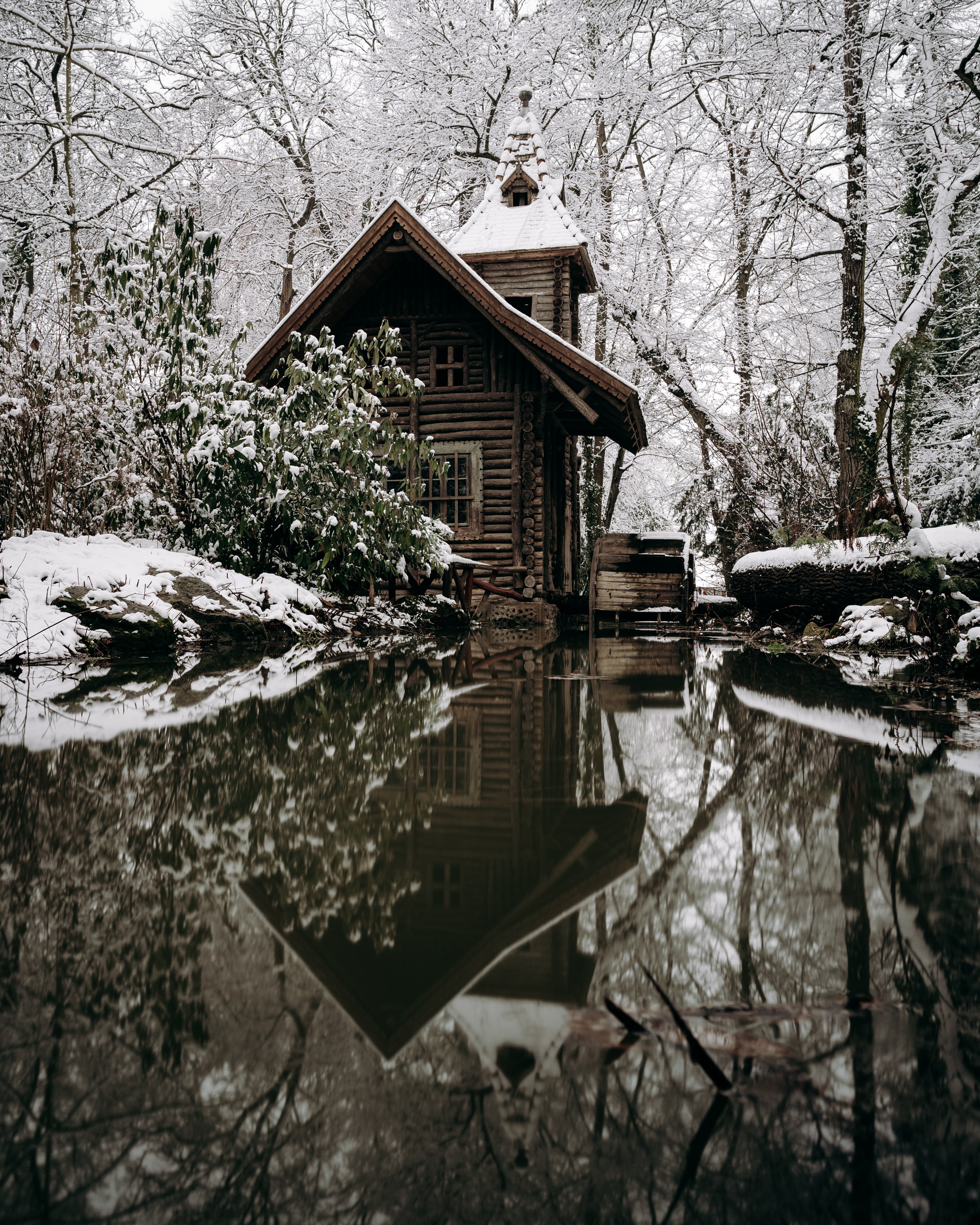 winter, snow, nature, rivers, small house, lodge