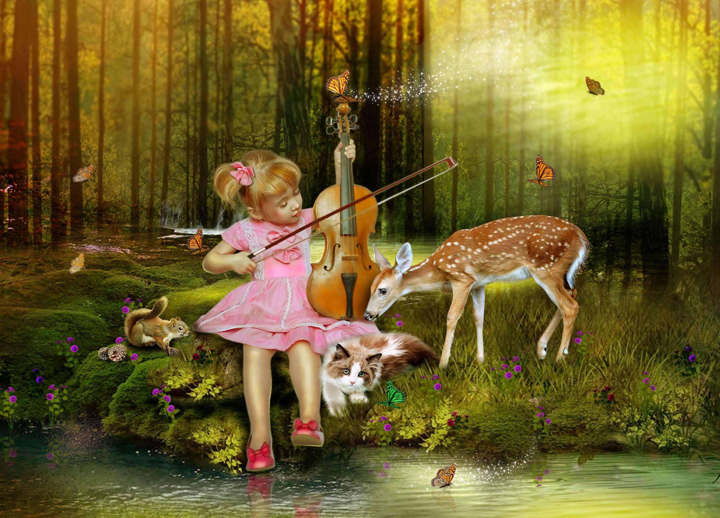 fantasy, child, cat, deer, fawn, forest, little girl, violin
