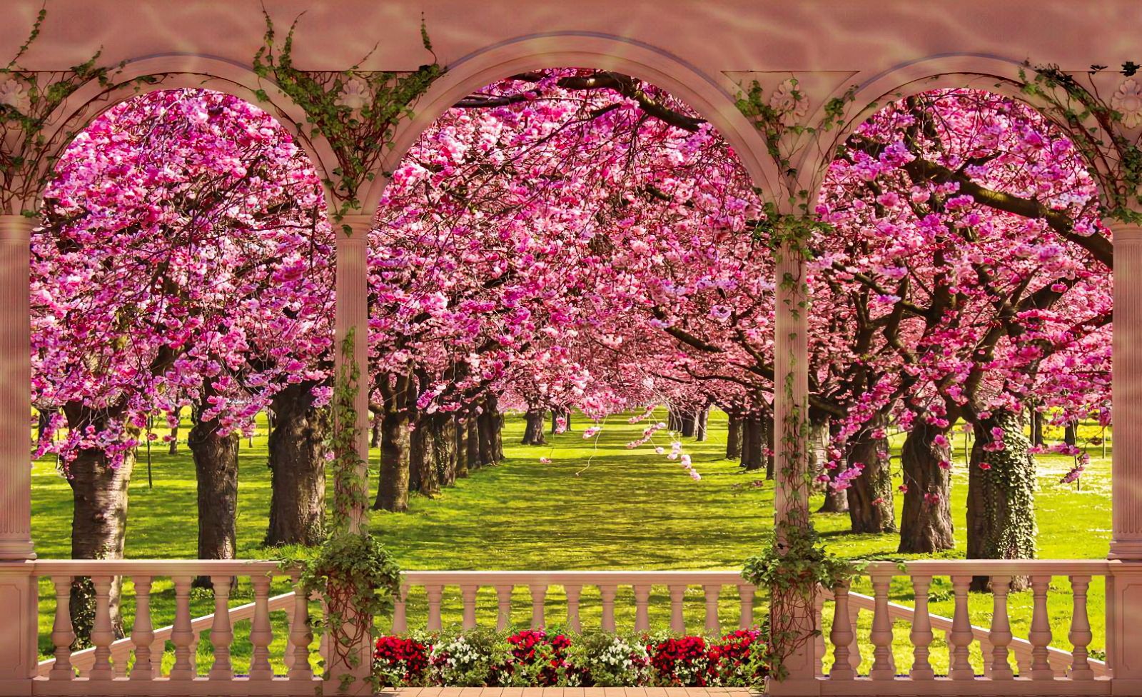 779128 descargar fondo de pantalla tierra/naturaleza, primavera, florecer, kiosko, flor rosa, árbol: protectores de pantalla e imágenes gratis