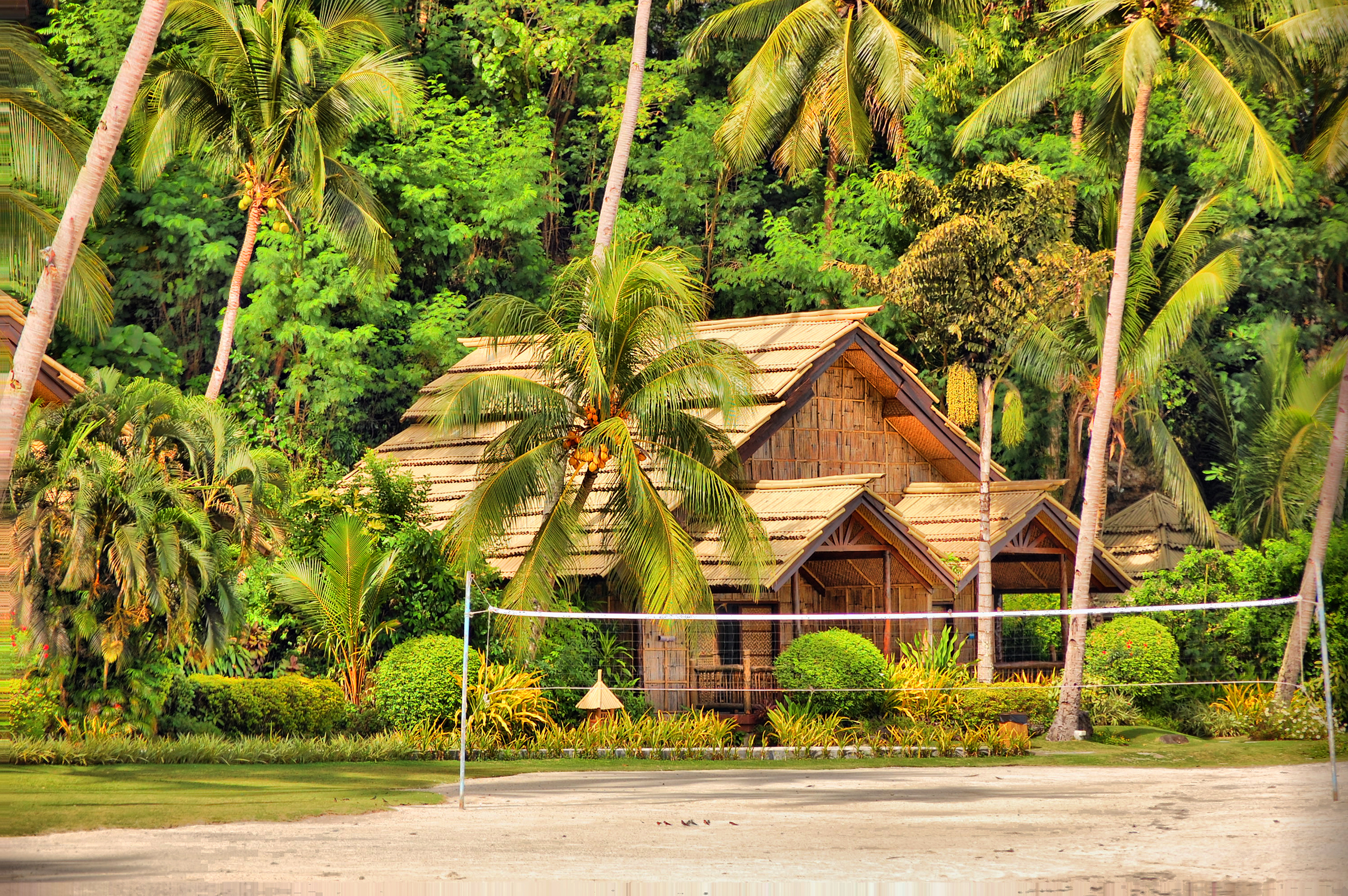 Download mobile wallpaper Samal, Nature, Hut, Philippines, Bungalow, Palms, Island for free.