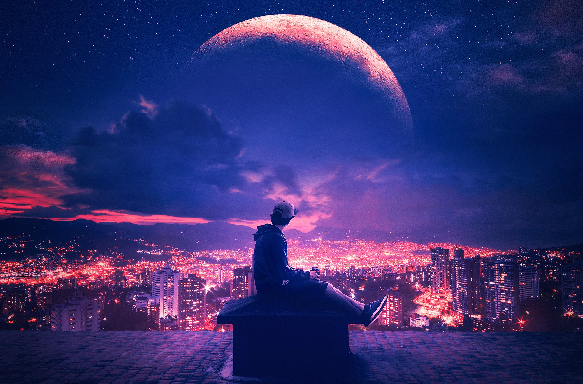 Free download wallpaper Sky, Night, City, Light, Purple, Planet, Photography, Manipulation on your PC desktop