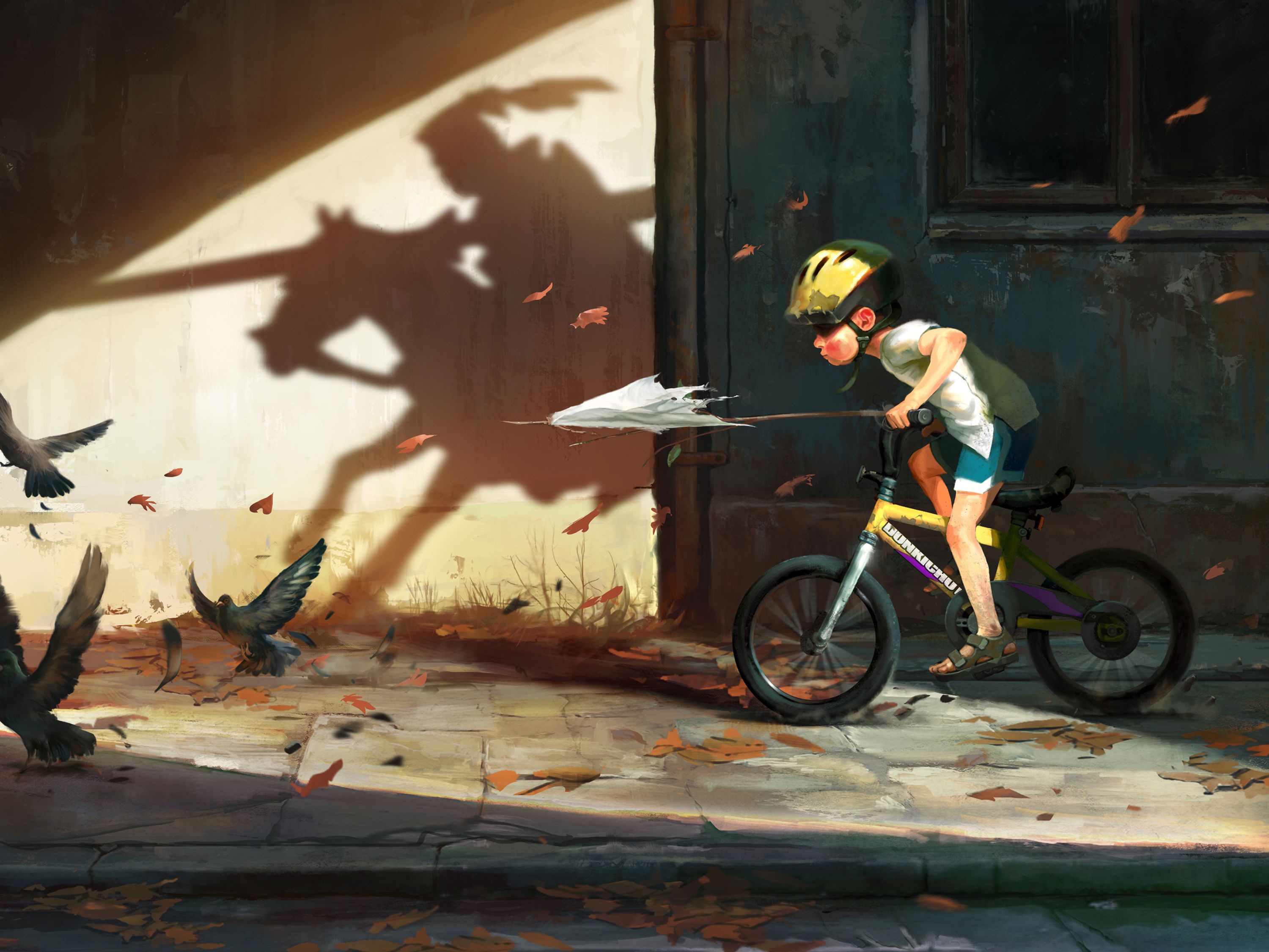 shadow, fantasy, child, bicycle, knight