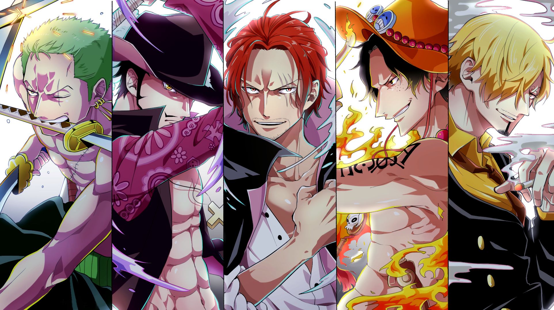 Free download wallpaper Anime, Portgas D Ace, One Piece, Roronoa Zoro, Sanji (One Piece), Shanks (One Piece), Dracule Mihawk on your PC desktop