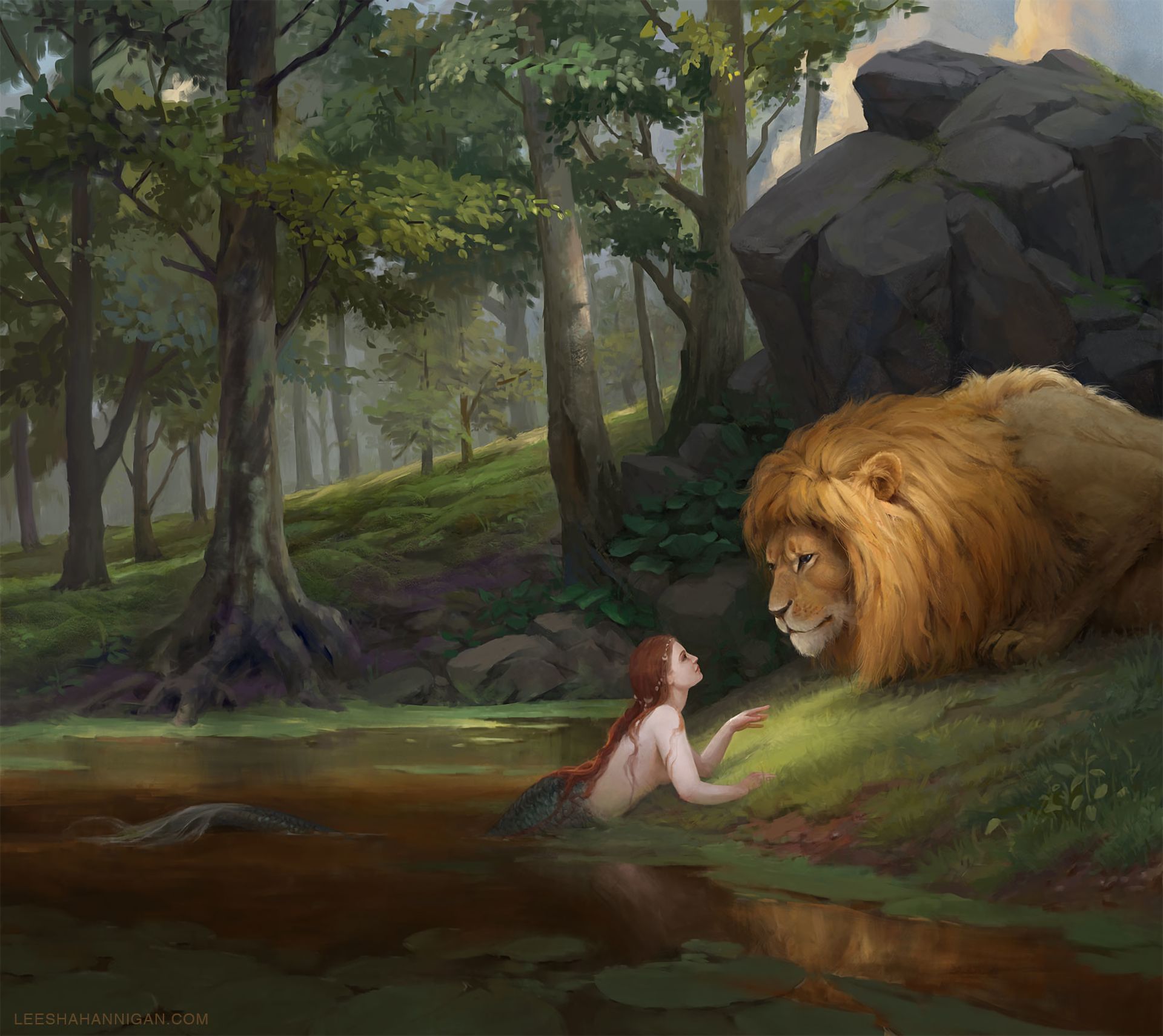 Free download wallpaper Fantasy, Forest, Lion, Pond, Mermaid on your PC desktop