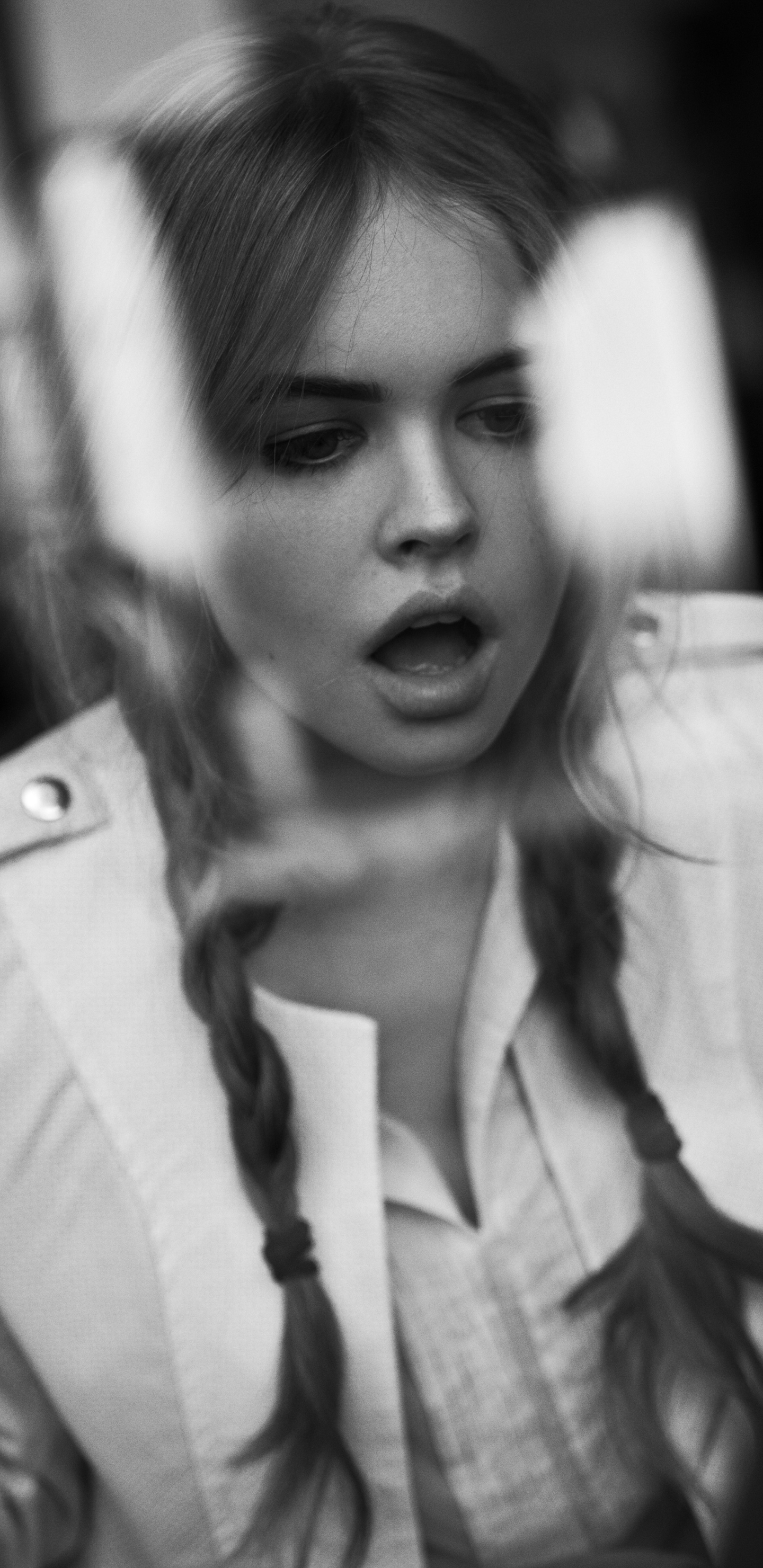 Download mobile wallpaper Russian, Model, Women, Braid, Black & White, Anastasiya Scheglova for free.