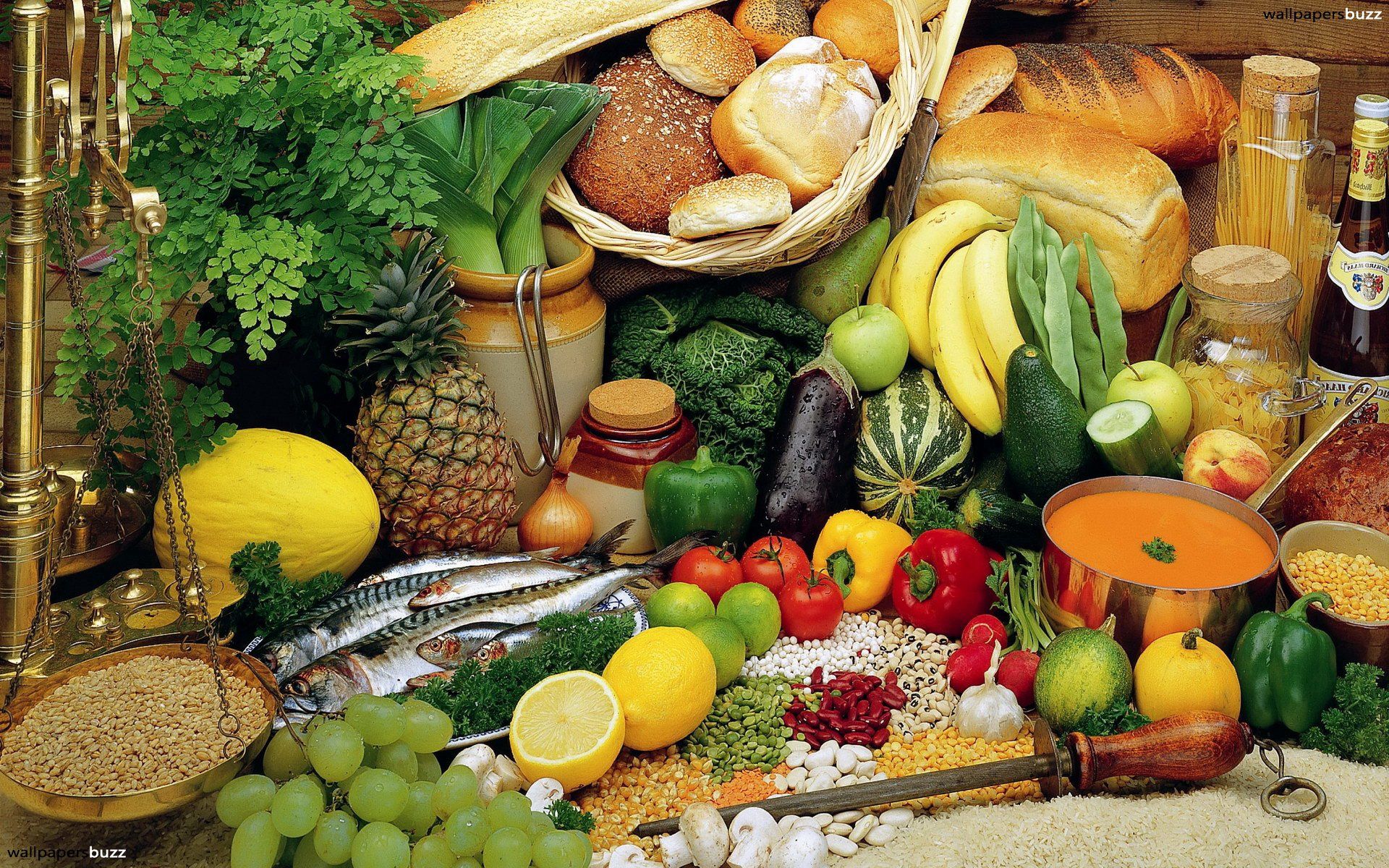 food, fruits, vegetables, fish, assorted, bread, cereals Full HD