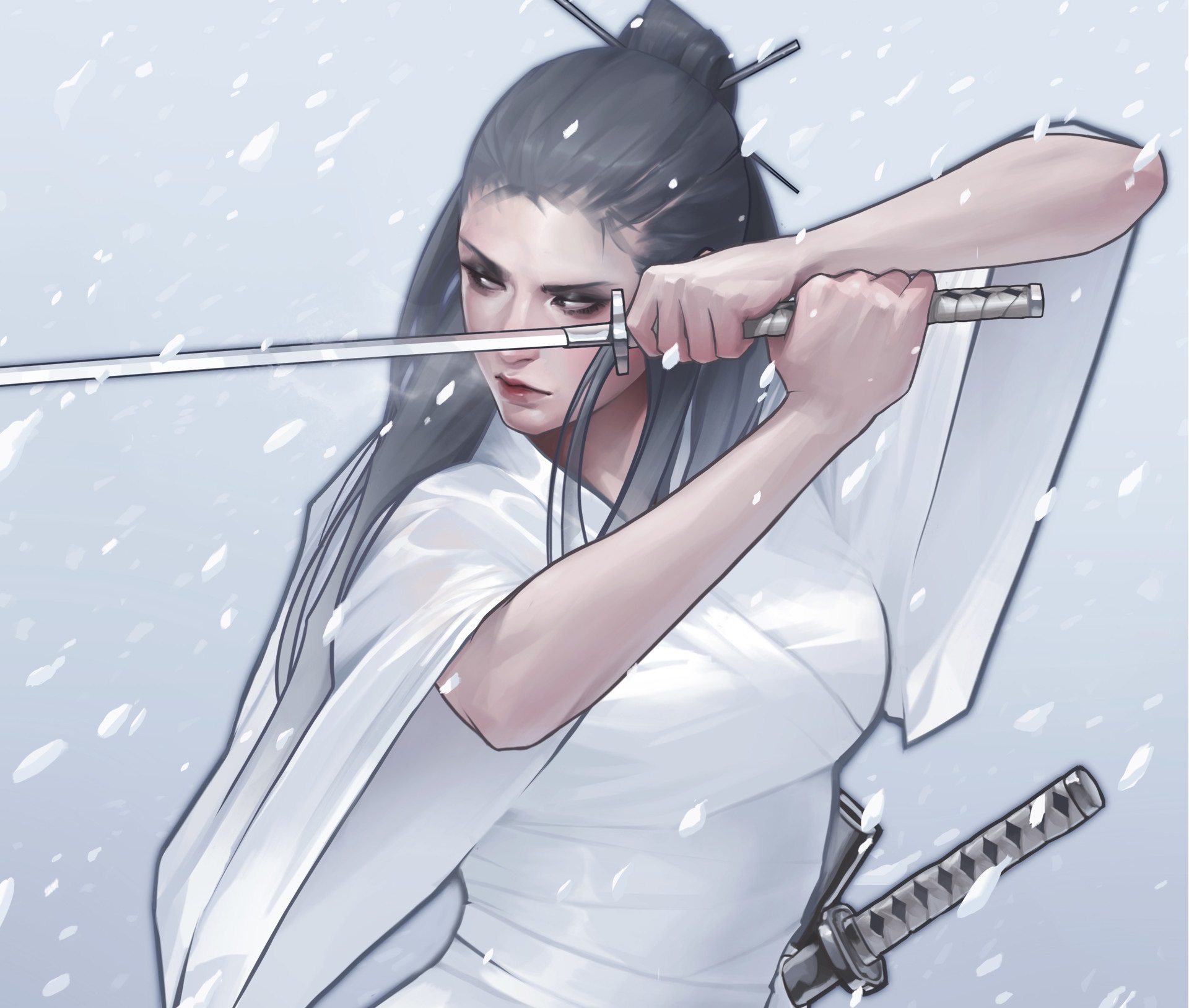 Download mobile wallpaper Fantasy, Snowfall, Katana, Black Hair, Women Warrior, Woman Warrior for free.
