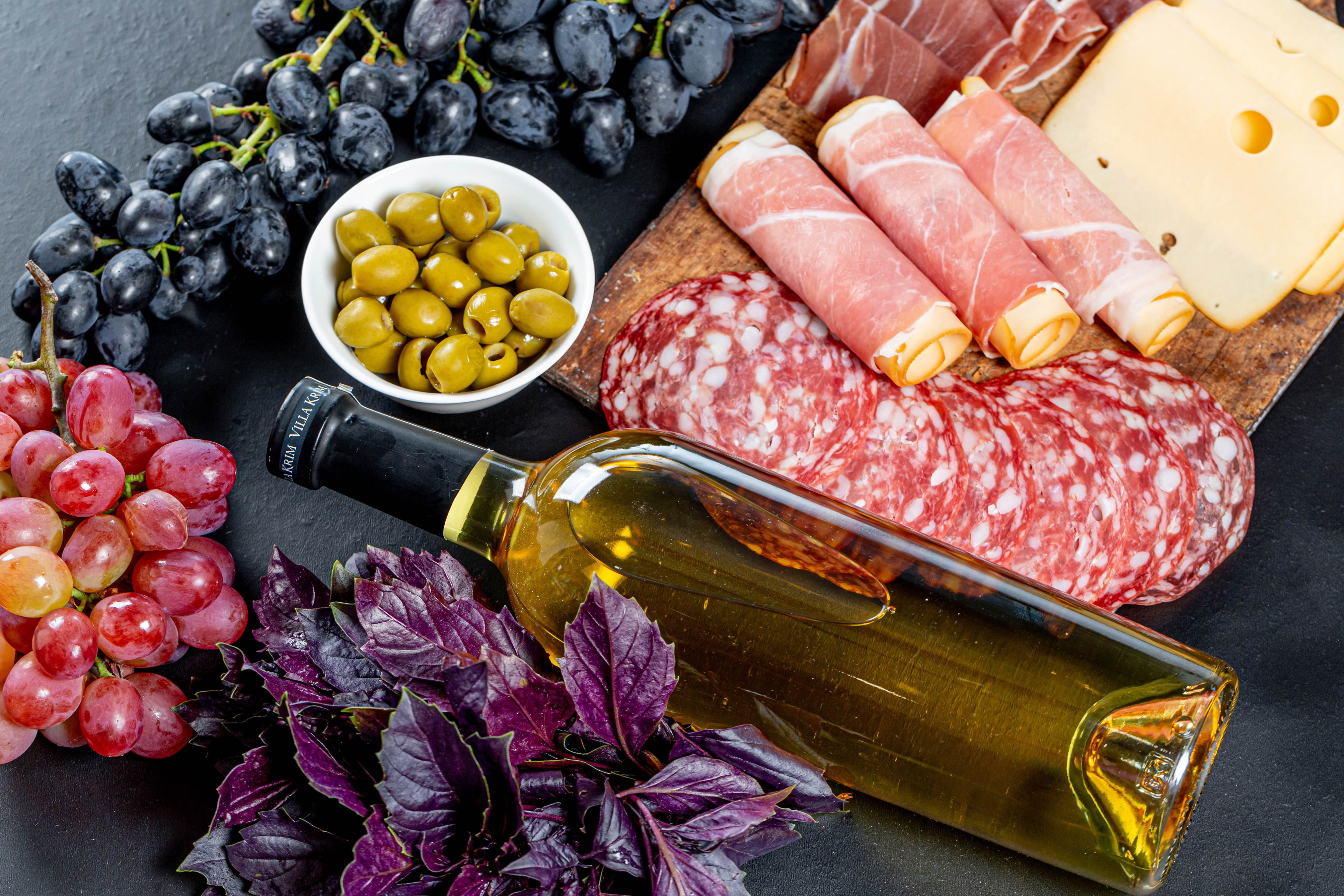 Download mobile wallpaper Food, Cheese, Grapes, Meat, Still Life, Bottle, Olive, Wine for free.