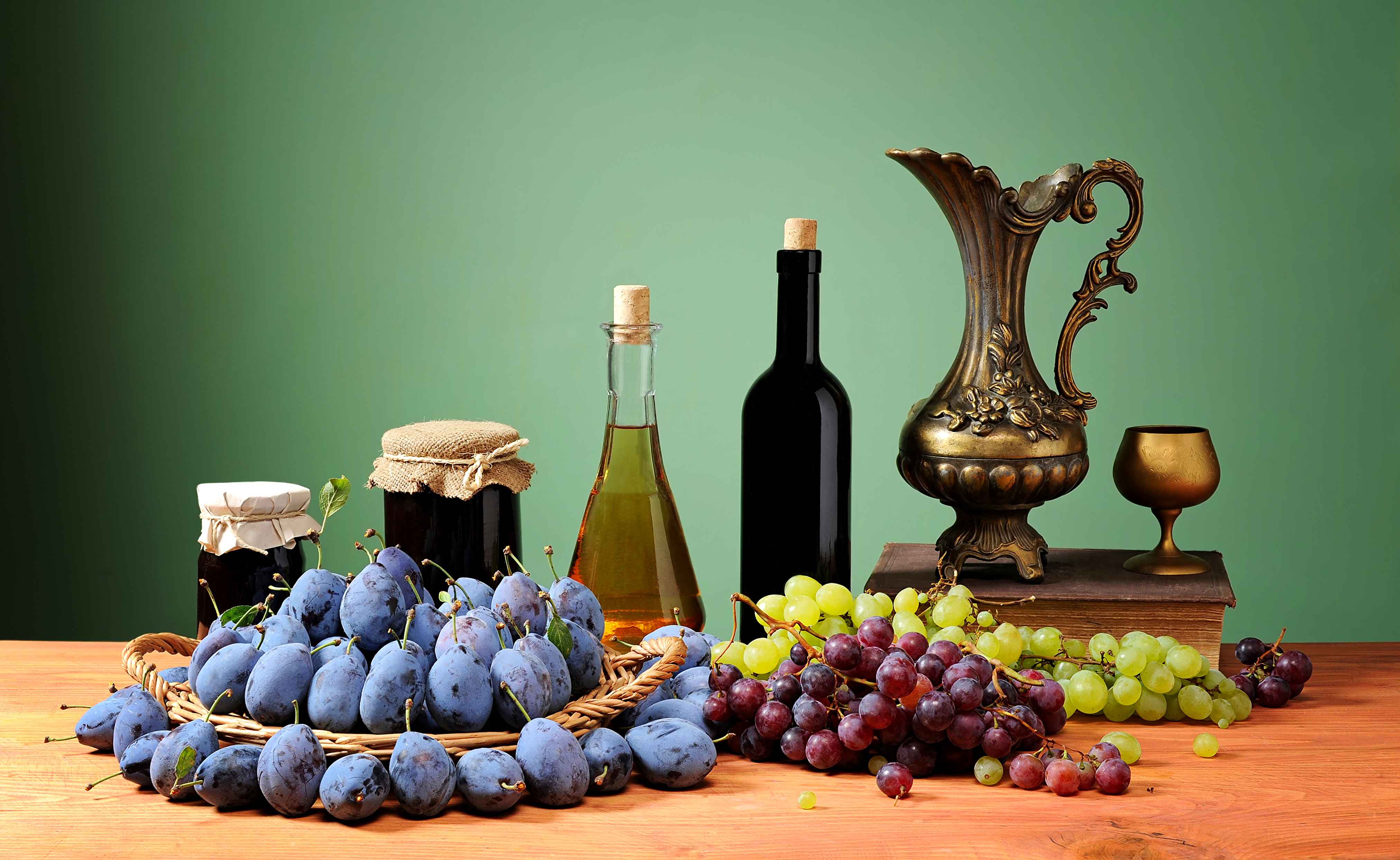 food, still life, bottle, fruit, grapes, plum