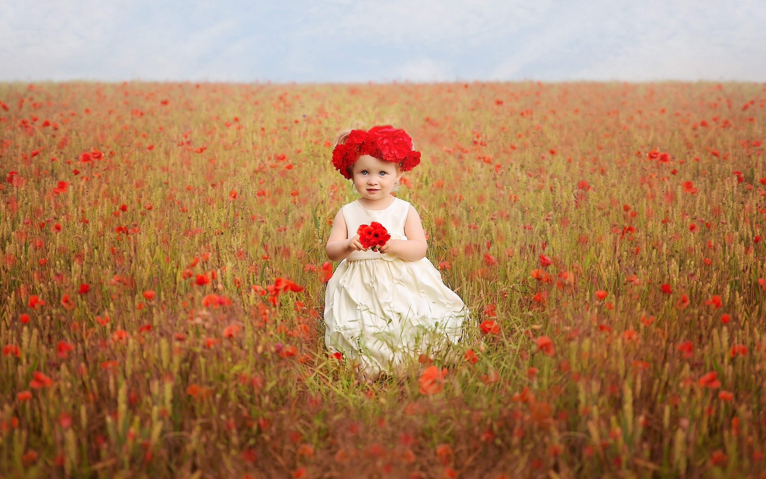 Download mobile wallpaper Field, Child, Poppy, Wreath, Cute, Photography, Red Flower, Little Girl for free.