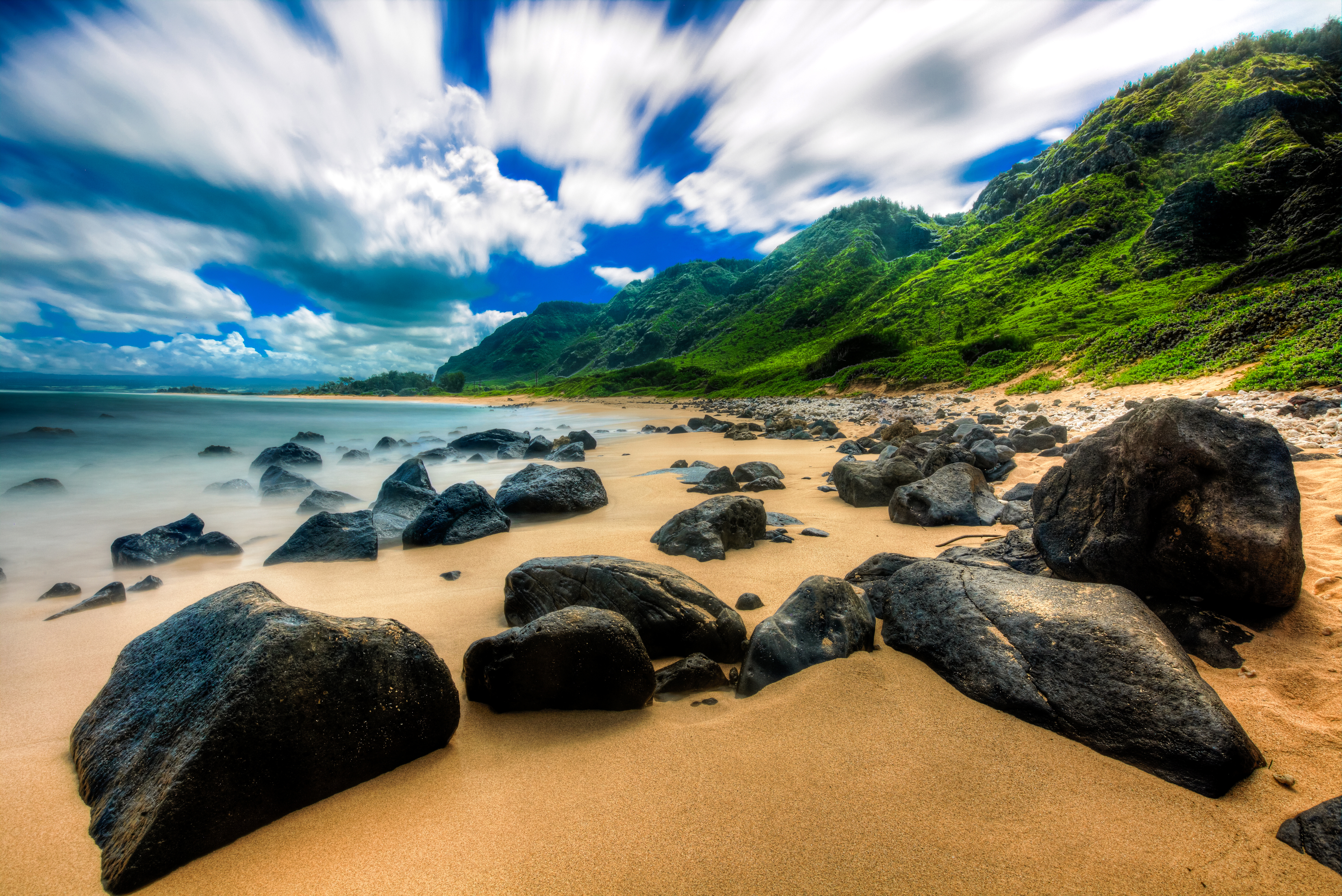 Free download wallpaper Nature, Sky, Beach, Sand, Mountain, Coast, Earth, Stone, Tropics, Cloud, Hawaii, Coastline on your PC desktop