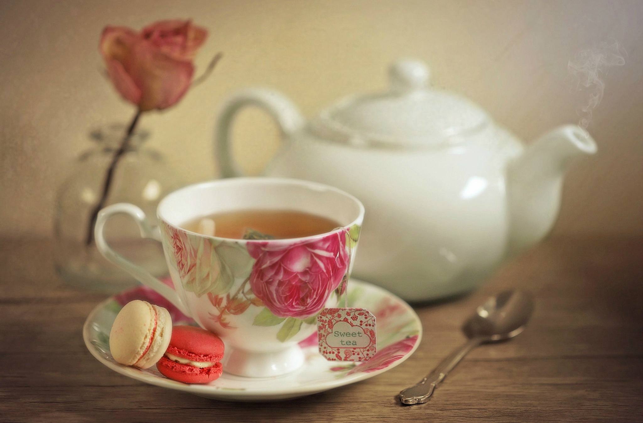 Download mobile wallpaper Food, Cup, Drink, Tea, Teapot, Macaron for free.