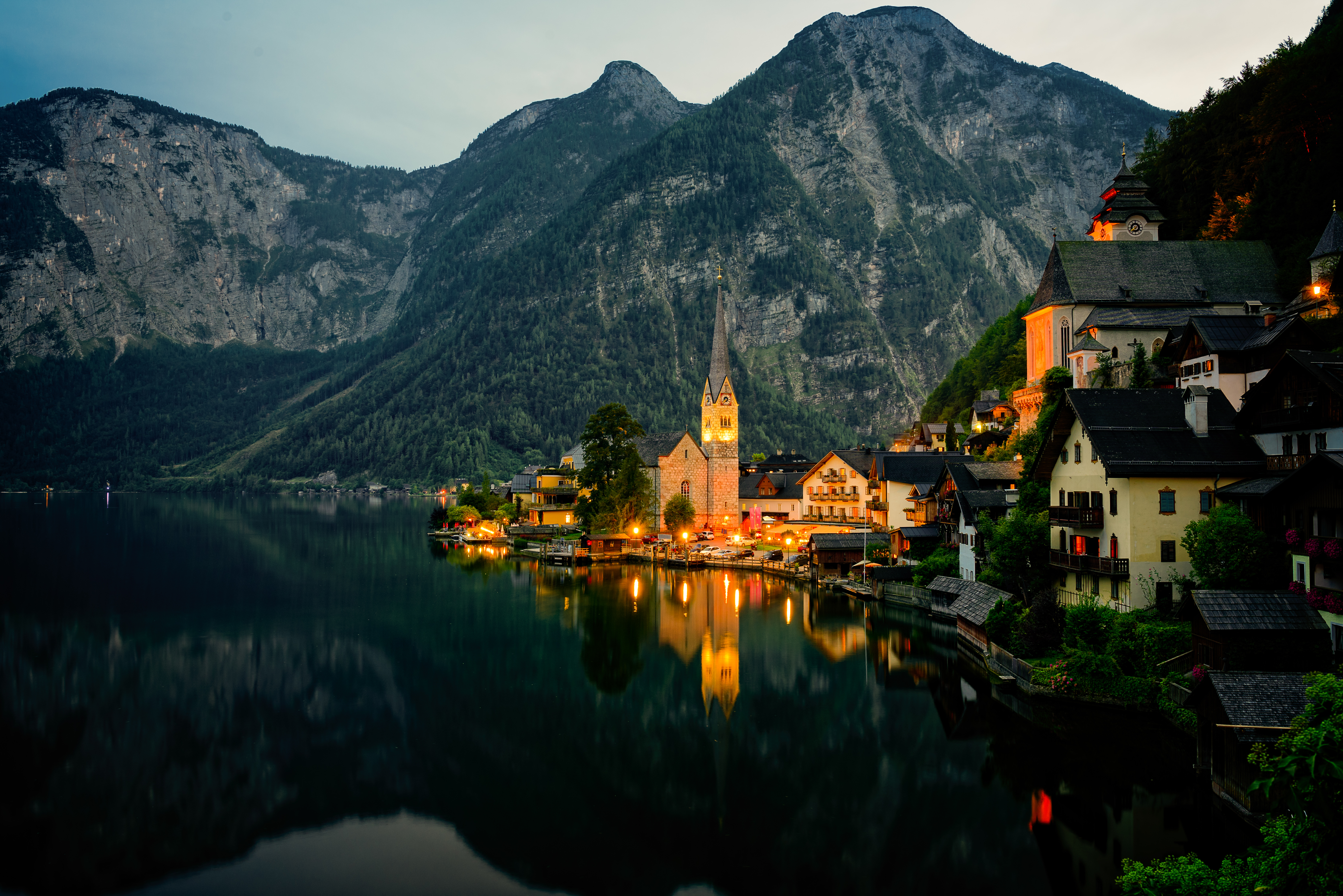 man made, hallstatt, austria, house, lake, mountain, reflection, village, towns