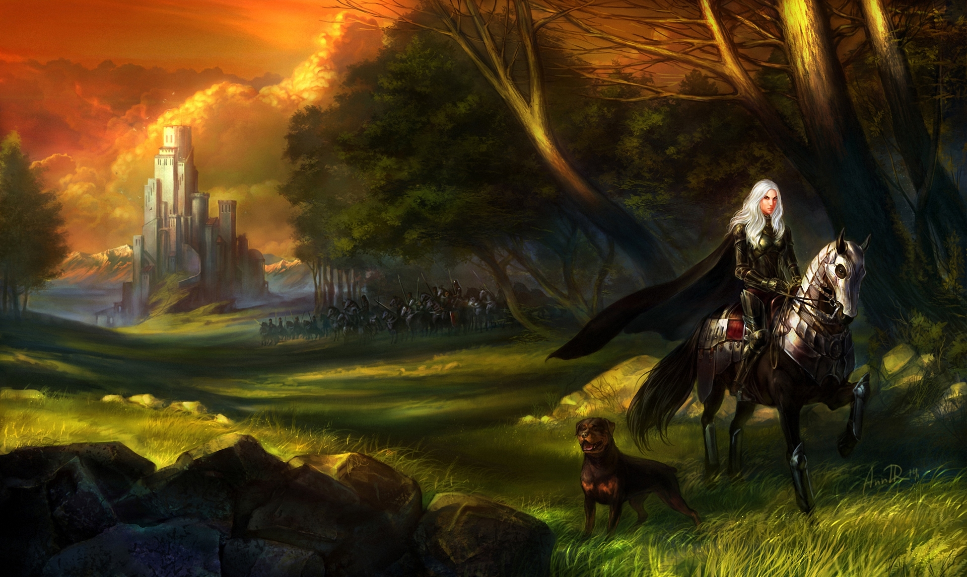 Free download wallpaper Landscape, Fantasy, Dog, Horse, Knight, Castle on your PC desktop