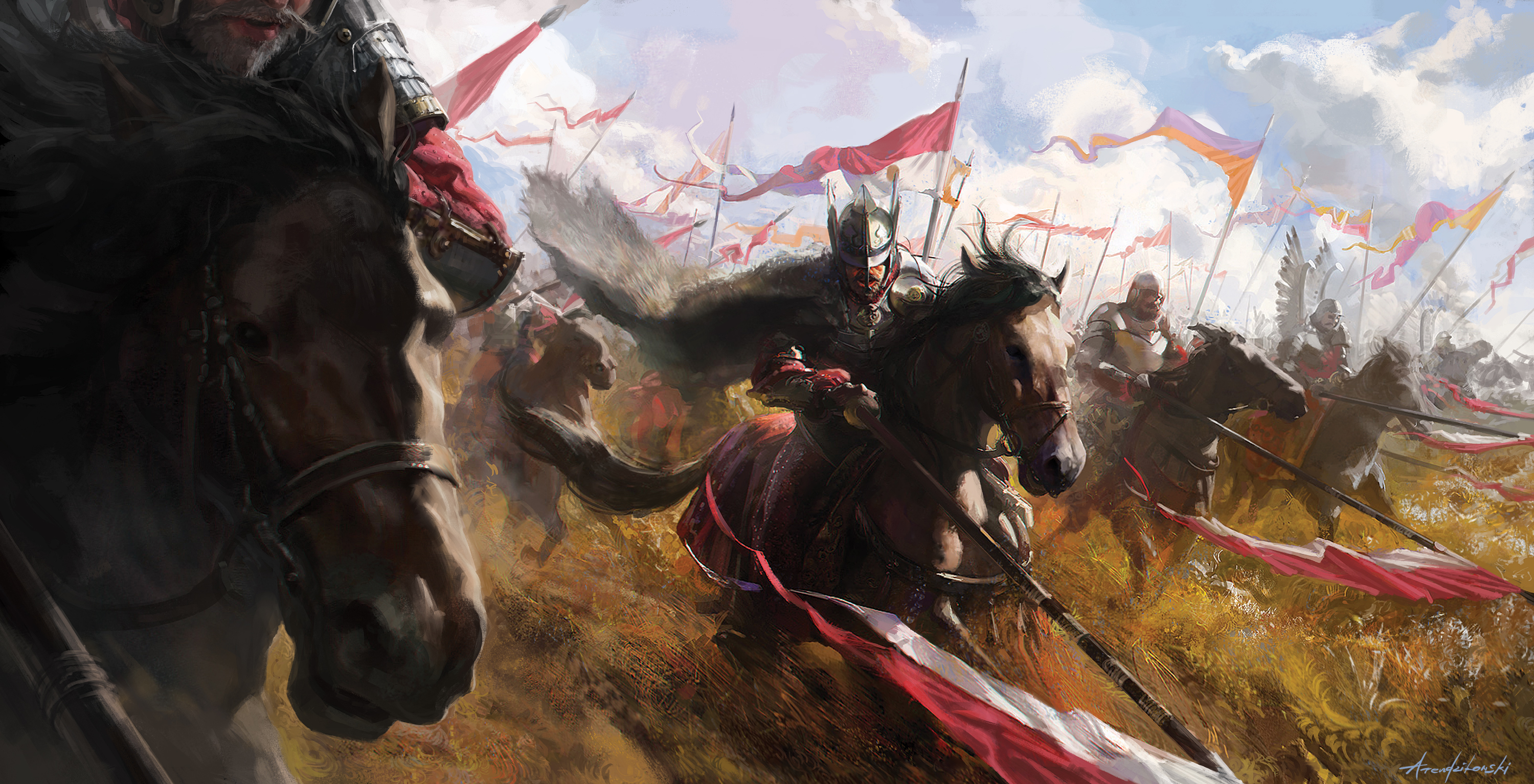 Free download wallpaper Fantasy, Warrior, Horse, Battle, Spear, Banner on your PC desktop
