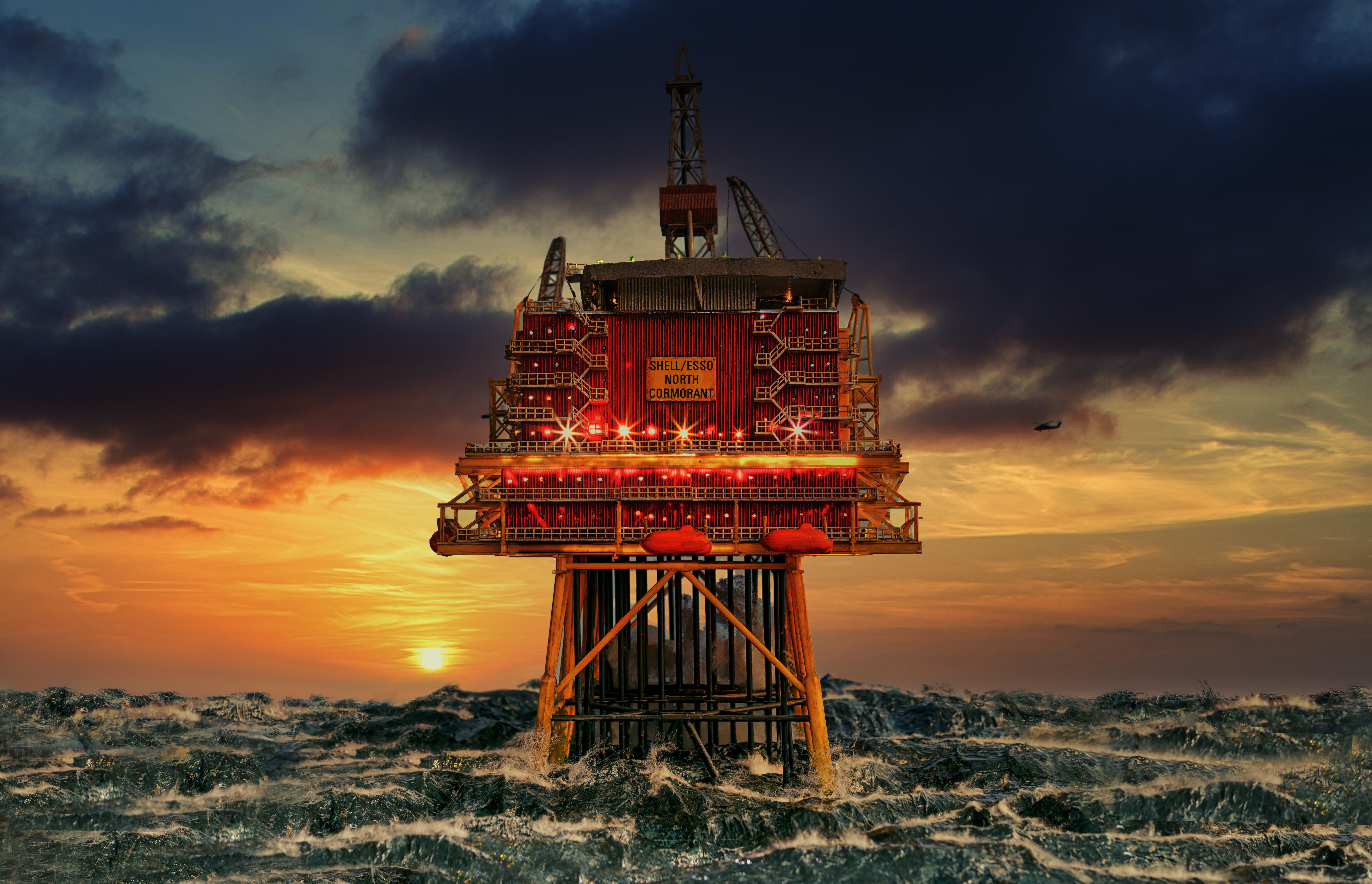 999987 скачать картинку нефтяная платформа, сделано человеком, море, буря, закат - обои и заставки бесплатно