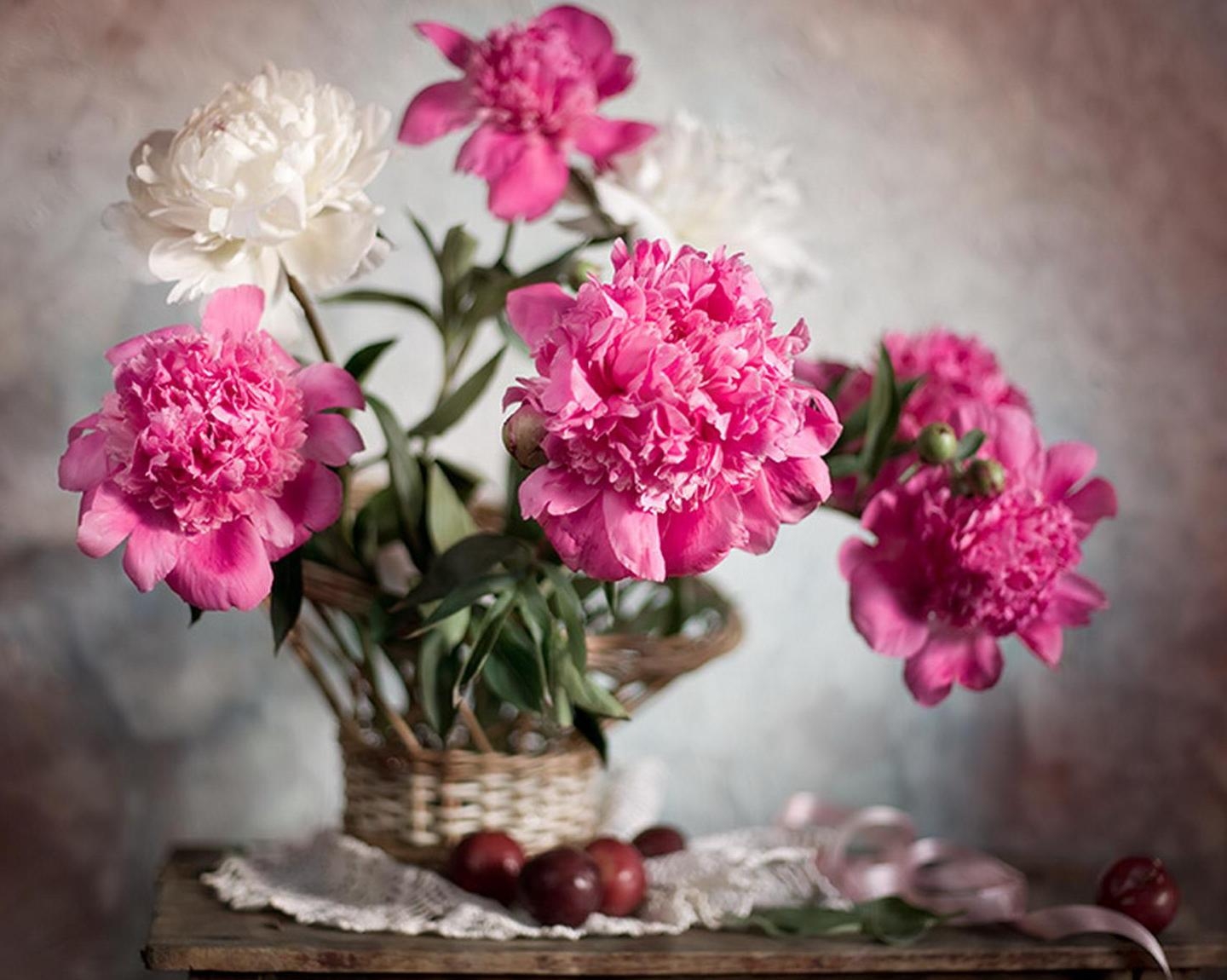 bouquet, flowers, peonies, blur, smooth, tape, basket