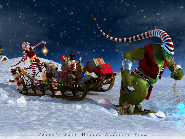 Laden Sie das Feiertage, Spielzeug, Weihnachten, Schlitten, Ork, Weihnachtsmütze-Bild kostenlos auf Ihren PC-Desktop herunter