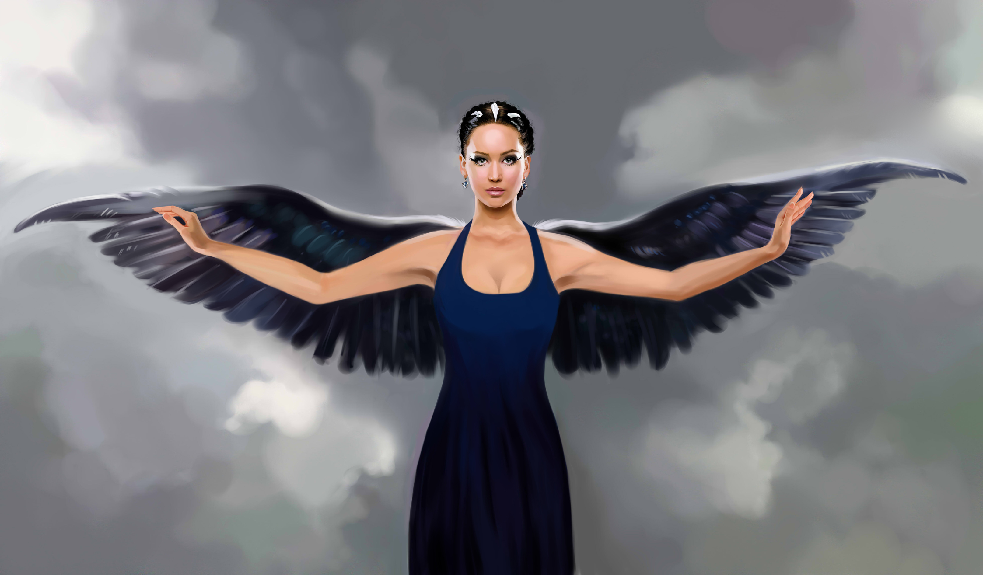 Free download wallpaper Fantasy, Wings, Angel, Movie, Blue Dress, Katniss Everdeen, The Hunger Games on your PC desktop