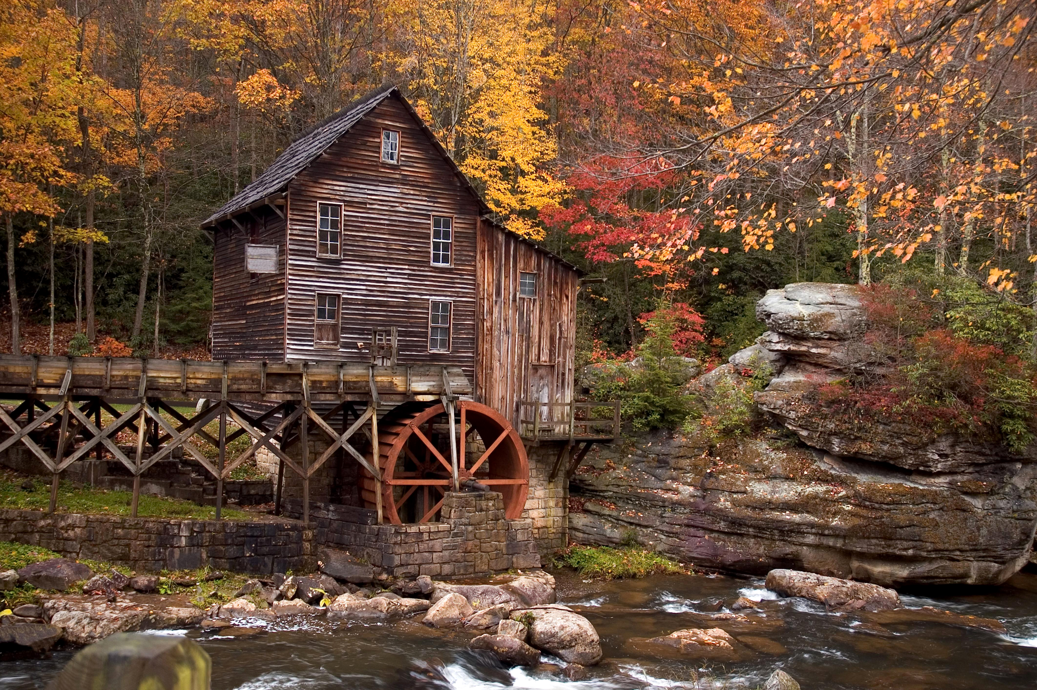 Download mobile wallpaper Building, Fall, River, Man Made, Watermill for free.