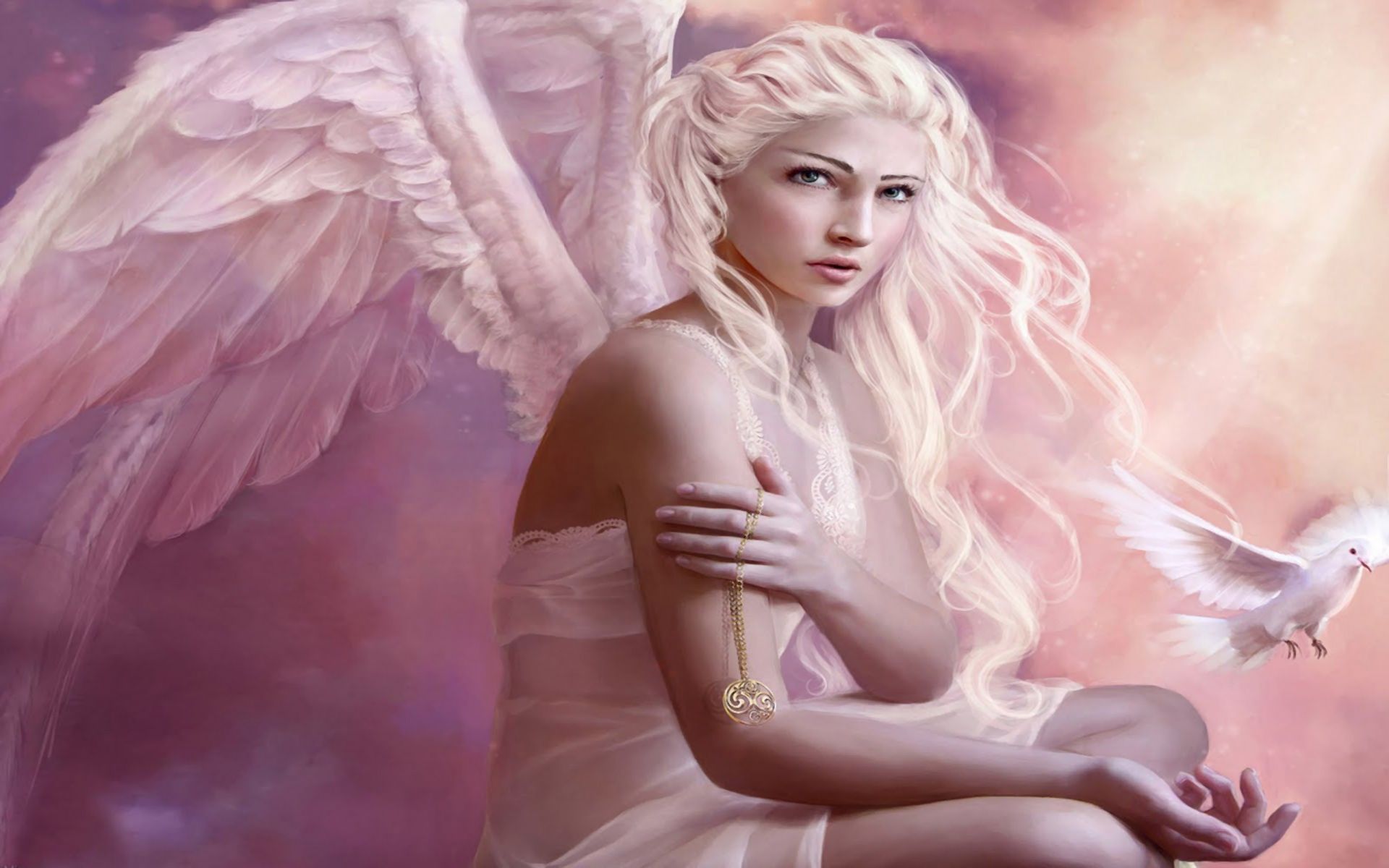 Download mobile wallpaper Fantasy, Wings, Angel, Dove, Long Hair, White Hair for free.