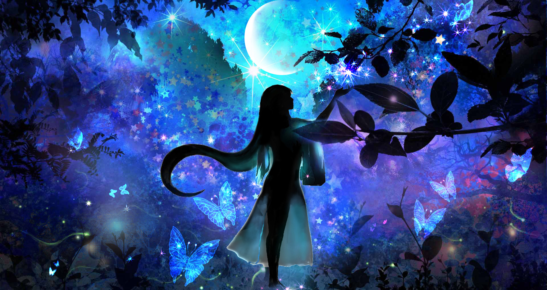 Free download wallpaper Fantasy, Night, Moon, Forest, Butterfly, Fairy, Magical on your PC desktop