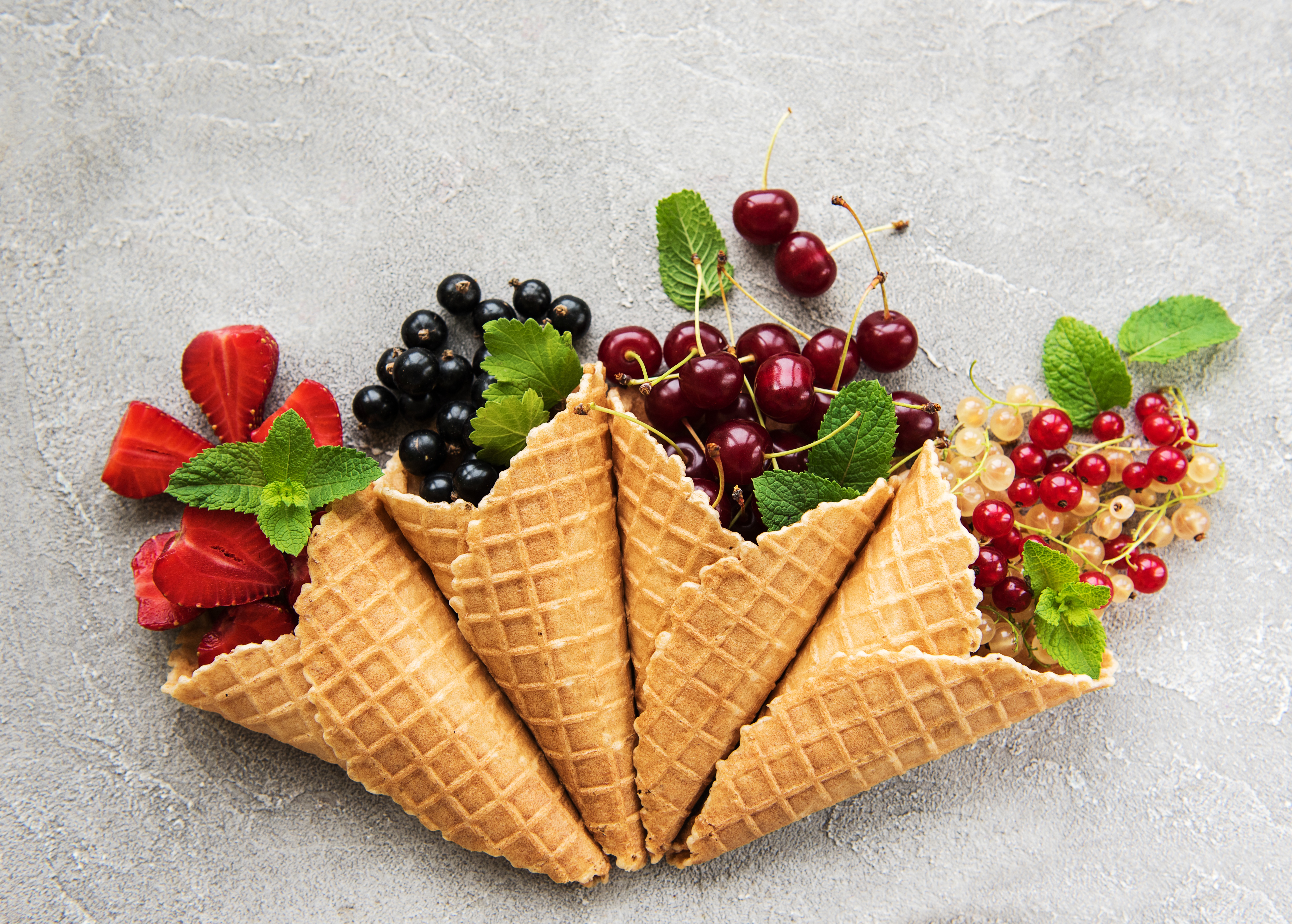 Download mobile wallpaper Food, Strawberry, Cherry, Blueberry, Still Life, Berry, Fruit, Currants, Waffle Cone for free.