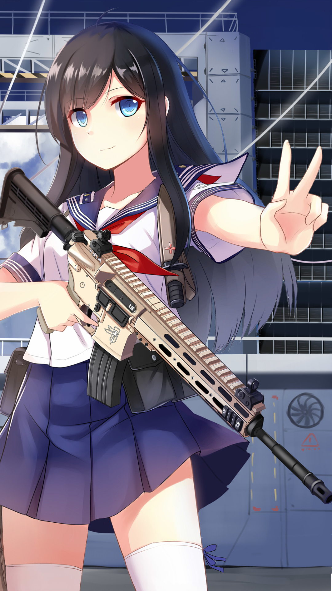 Download mobile wallpaper Anime, Weapon, Blonde, Blue Eyes, Original, School Uniform, Gun, Black Hair, Long Hair for free.