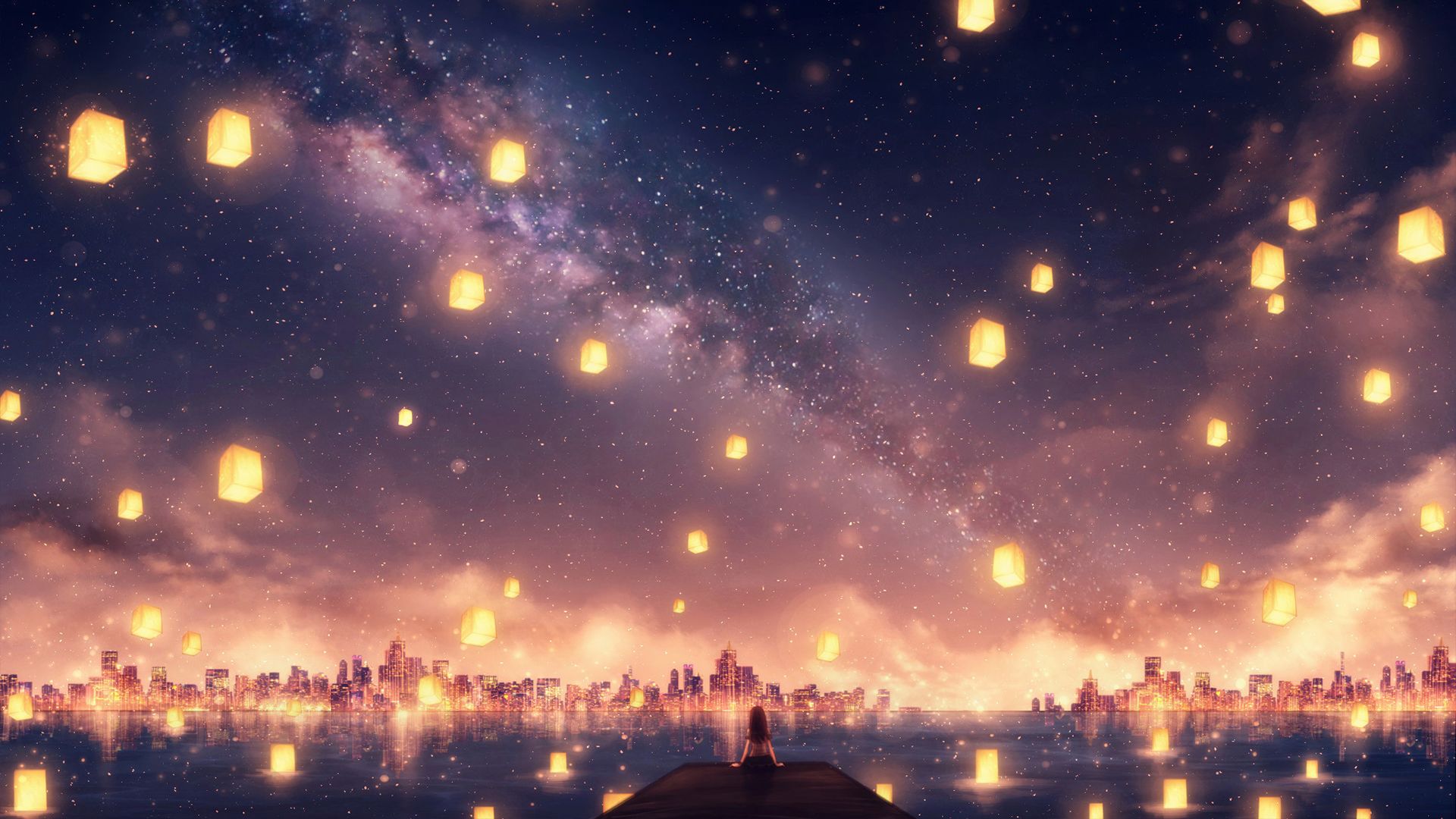 Download mobile wallpaper Anime, Water, Night, City, Milky Way, Original, Long Hair for free.