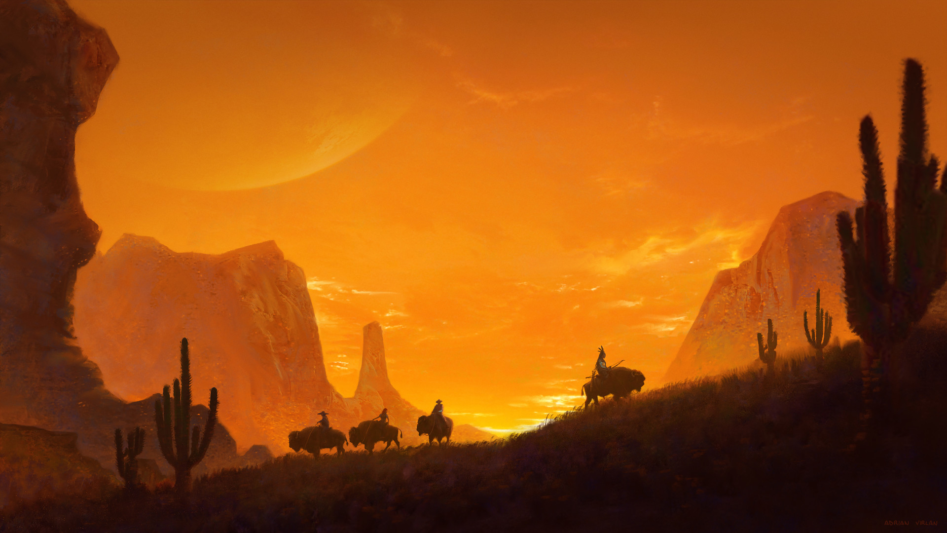 fantasy, landscape, american bison, canyon, native american, sunset, western