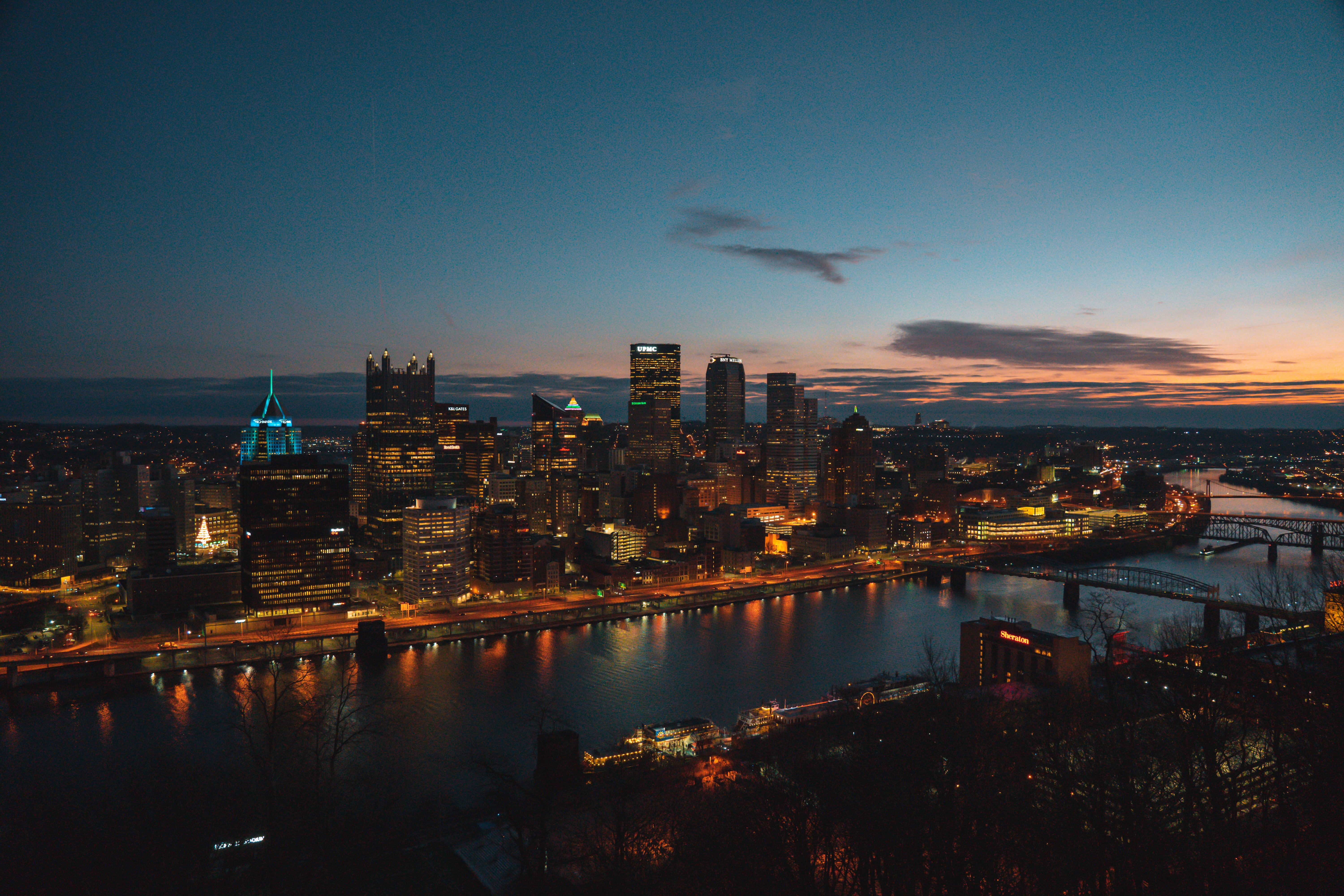 pittsburgh, cities, rivers, architecture, usa, building, view from above, night city, united states